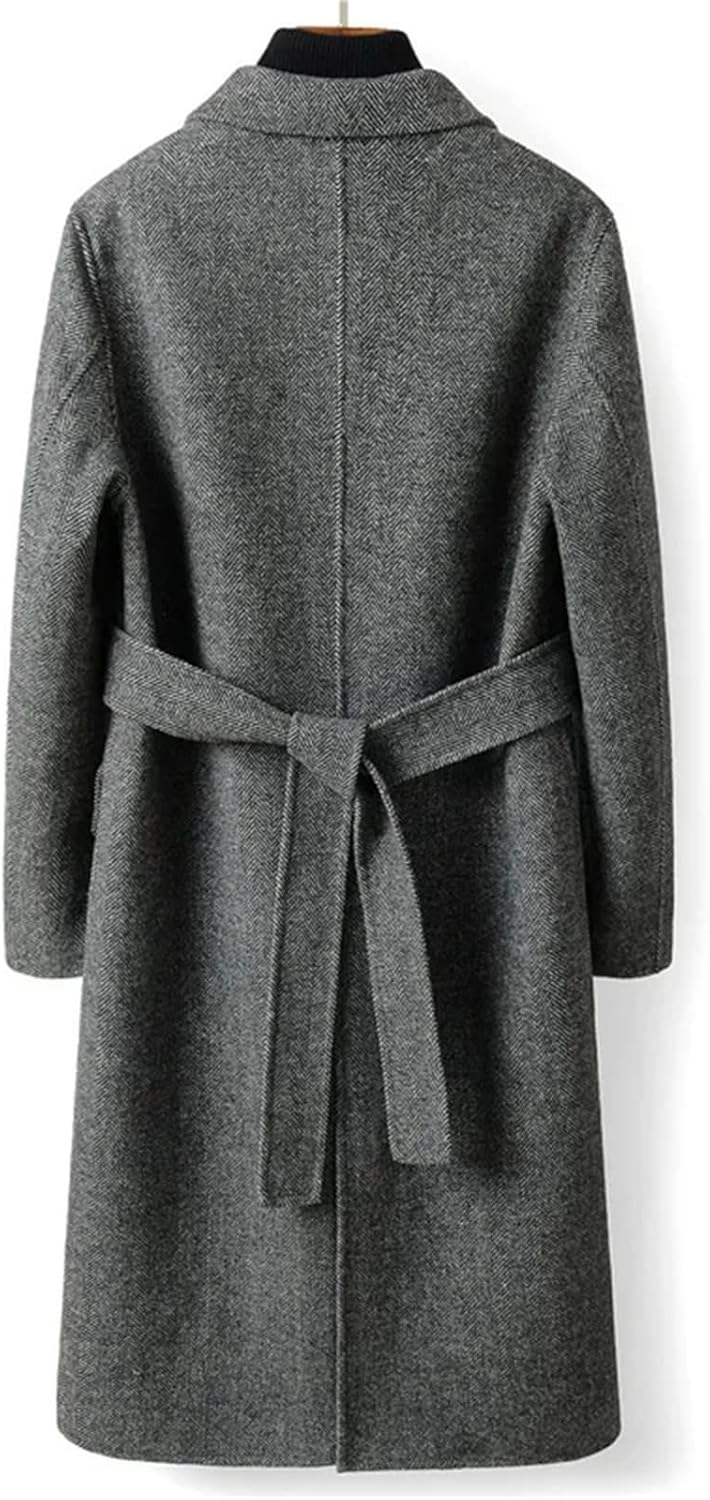 Mens Winter 100Percent Wool Coats For Belt Business Casual Double Sided Long Jacket