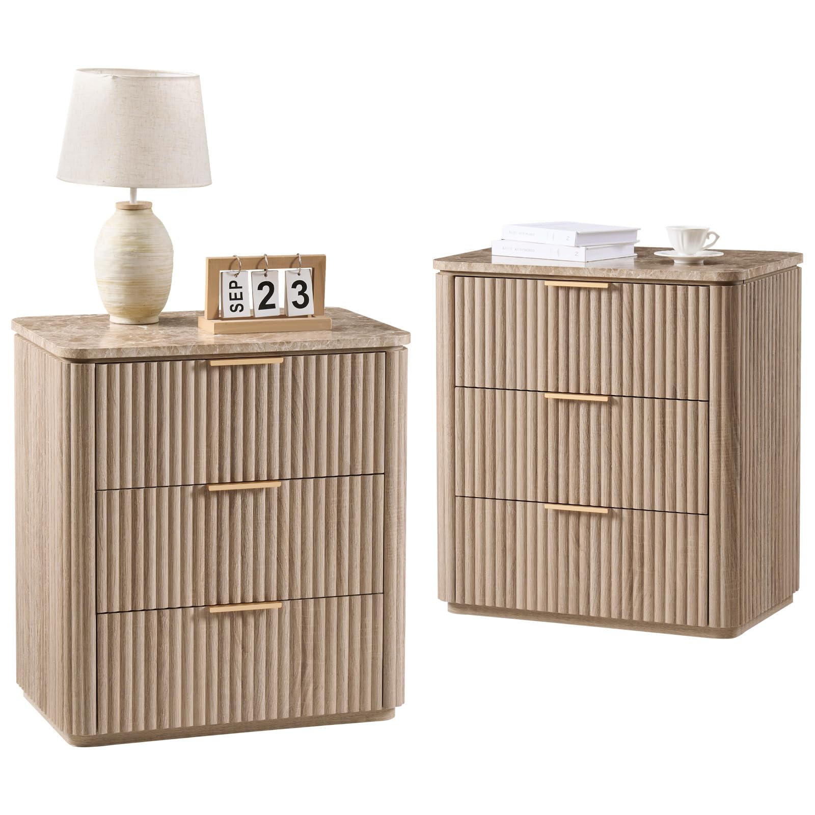 Curved Fluted Nightstand Set of 2 with Faux Marble Top, Natural Oak