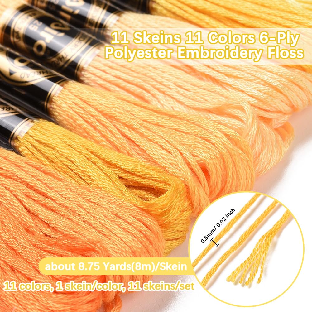 Kit De 11 Écheveaux Fil à Broder Jaune Dégradé - 6 Brins Polyester - 88 M Total - Pour Bracelets, Point De Croix, Loisirs Créatifs