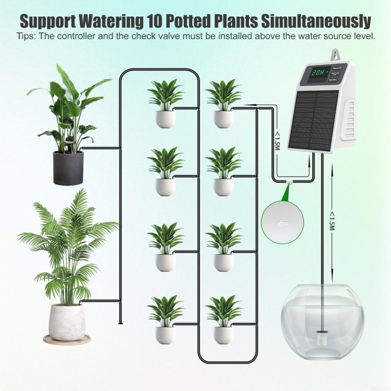 Système d'irrigation goutte à goutte solaire, kit d'arrosage automatique de jardin, dispositif de brumisation pour plantes d'extérieur, solution d'arrosage des légumes de balcon