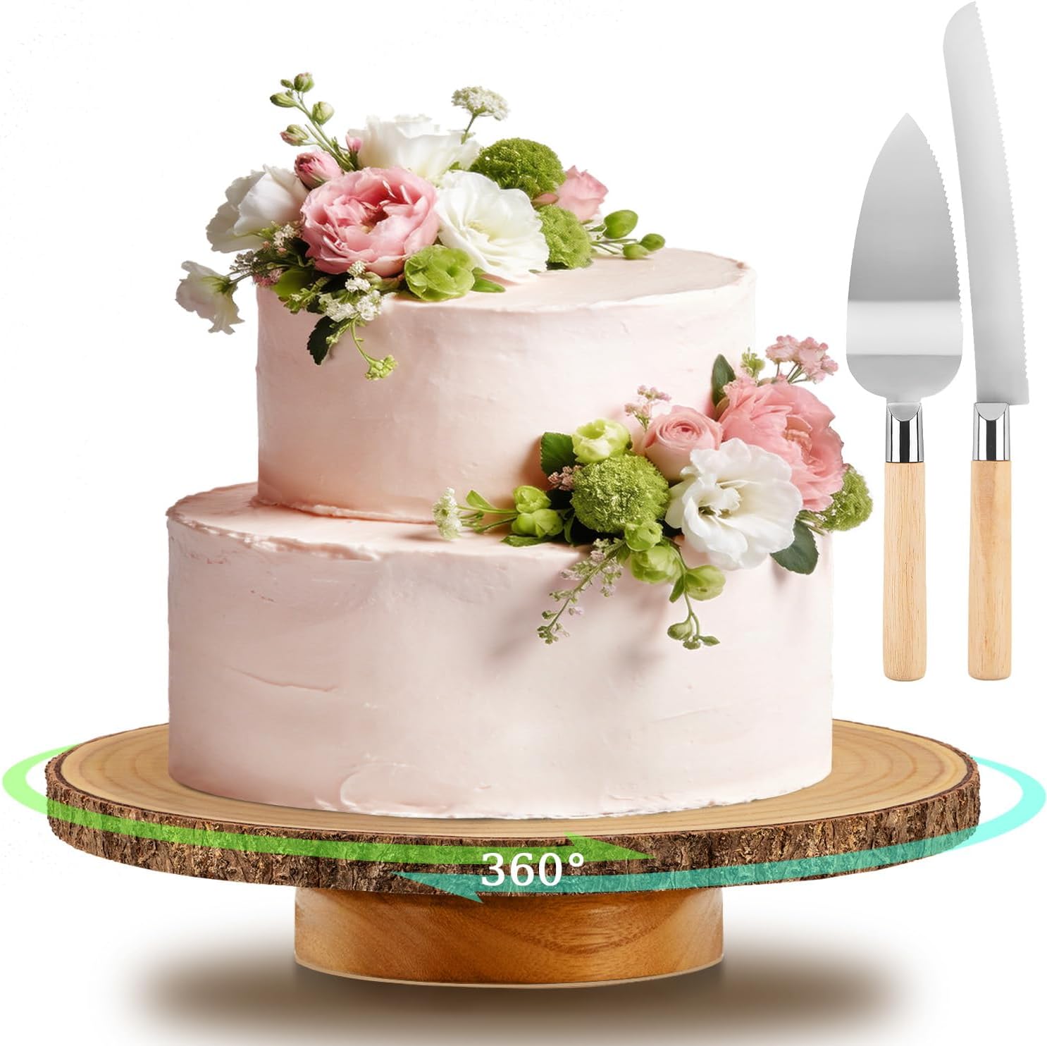 12" Rotating Wood Cake Stand with Cake Cutting Set (Knife and Server) - Rustic Wooden Cake Turntable for Decorating, Party, Wedding, Baby Showers, Reception, Event - Ideal Baking Gift & Decor