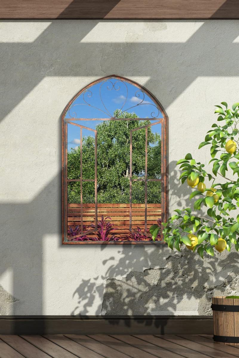 Metal Rustic Large Arched Garden Mirror with Window Opening Effect 92cm X 61cm
