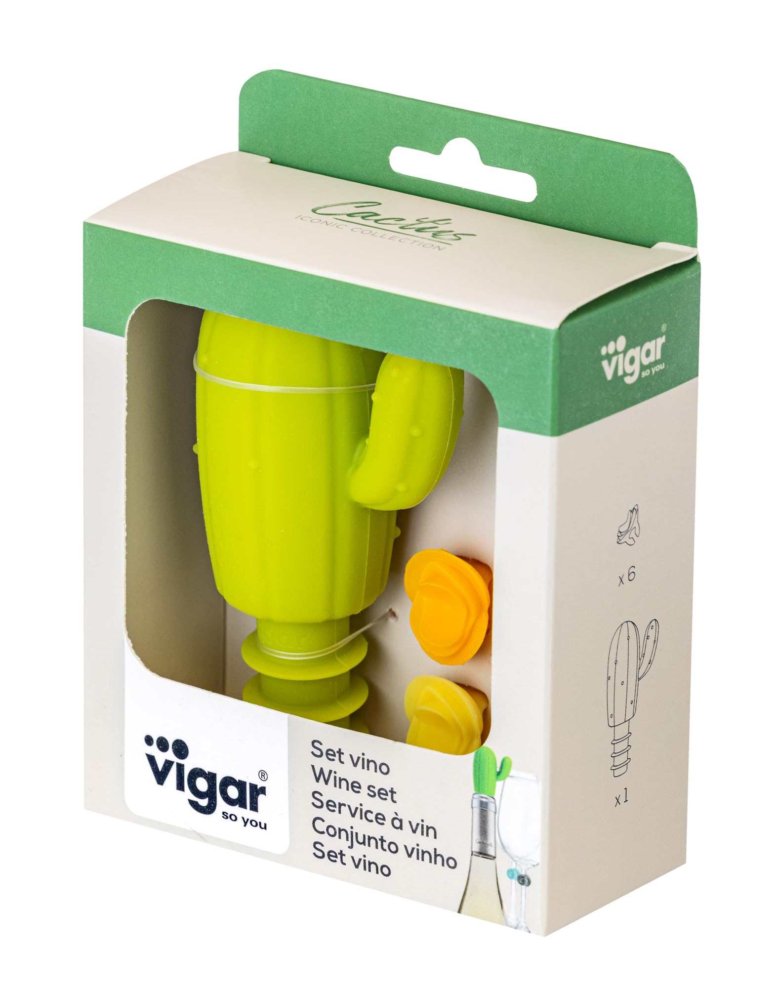 Set 1 Tappo + 6 Pennarelli In Silicone Per Bottiglie Di Vino E Bicchieri – Simpatici Cactus – Colori Casuali - 3