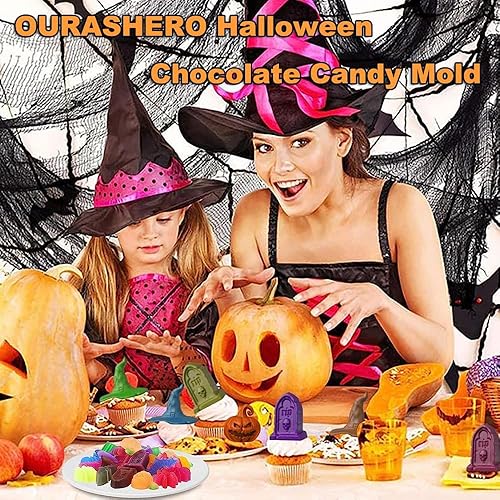 Miniatura 6 de Paquete de 2 moldes de chocolate para Halloween, calabaza, murciélago, calavera, tumba, araña, molde de silicona para chocolate, caramelos,