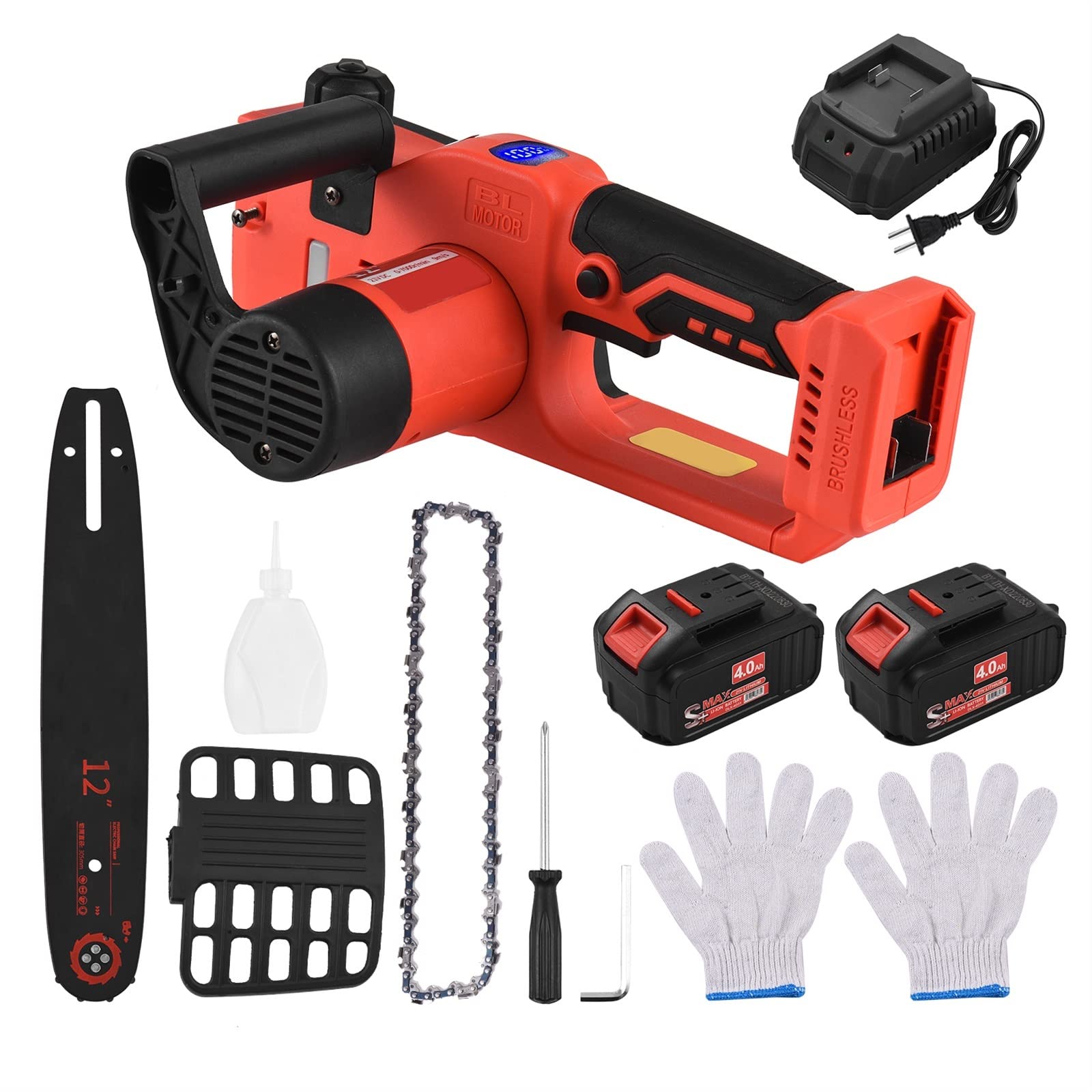 Tronçonneuse électrique sans fil 21V, 12 pouces, scie à chaîne portative, 4,0 ah, cisaille de taille de branche Rechargeable(1 Battery)