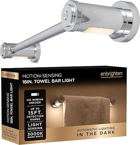 Enbrighten Toallero, sensor de movimiento, luz nocturna, funciona con pilas, iluminación de baño, toallero, colgador de toallas, toallero para baño,