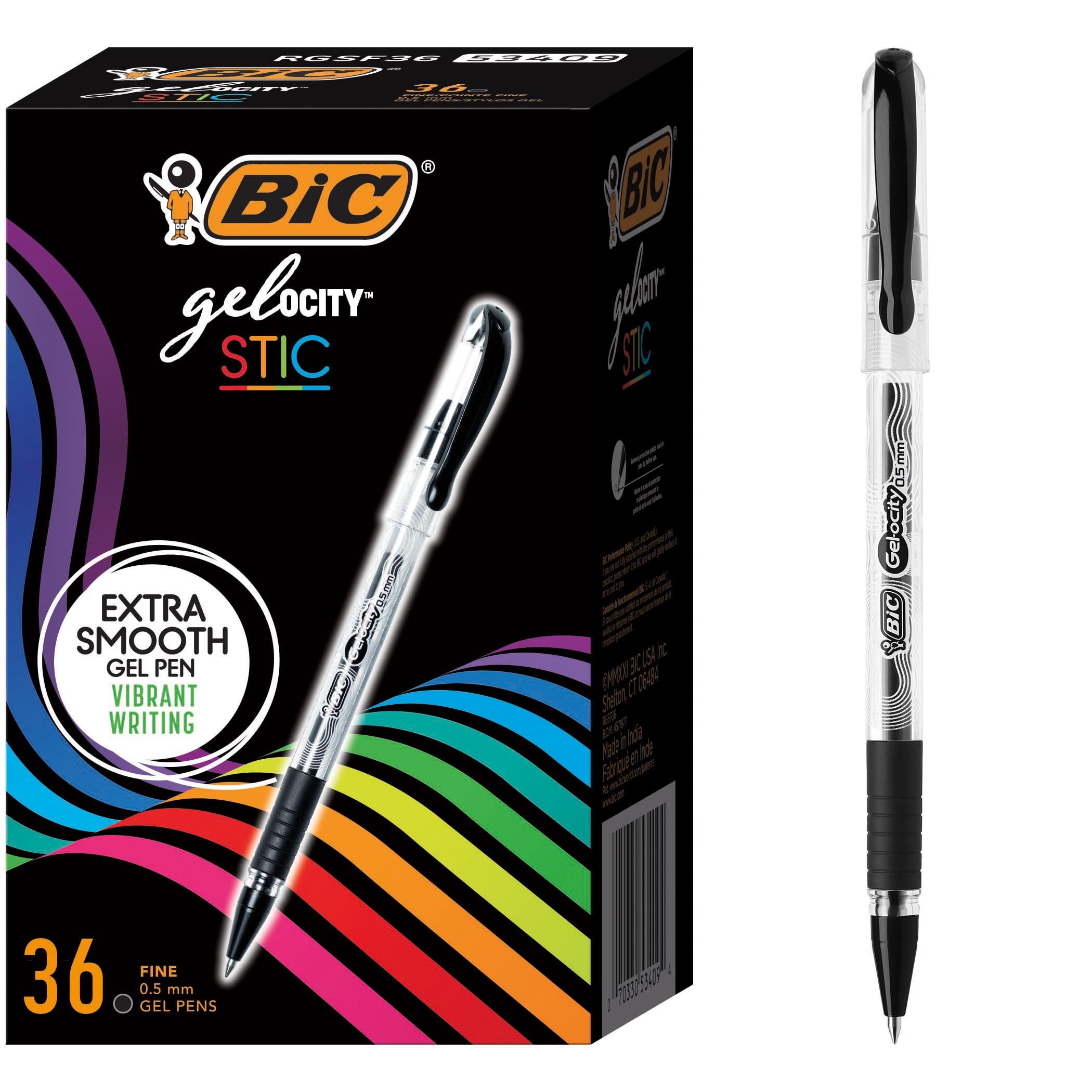 Bic Gel-ocity RGSF36-BLK - Bolígrafo de gel suave, punta fina (0,5 mm), caja de 36 bolígrafos de gel negros
