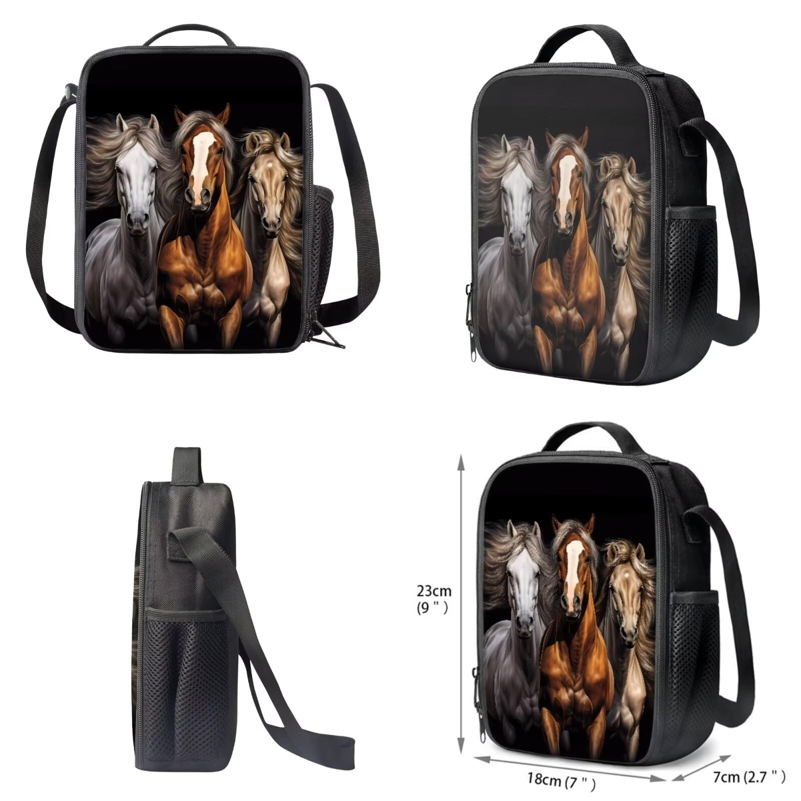 COEQINE Juego de 4 mochilas con temática de caballos para niños, adolescentes, niñas, lonchera, estuche para lápices, botella de agua grande, Caballos negros