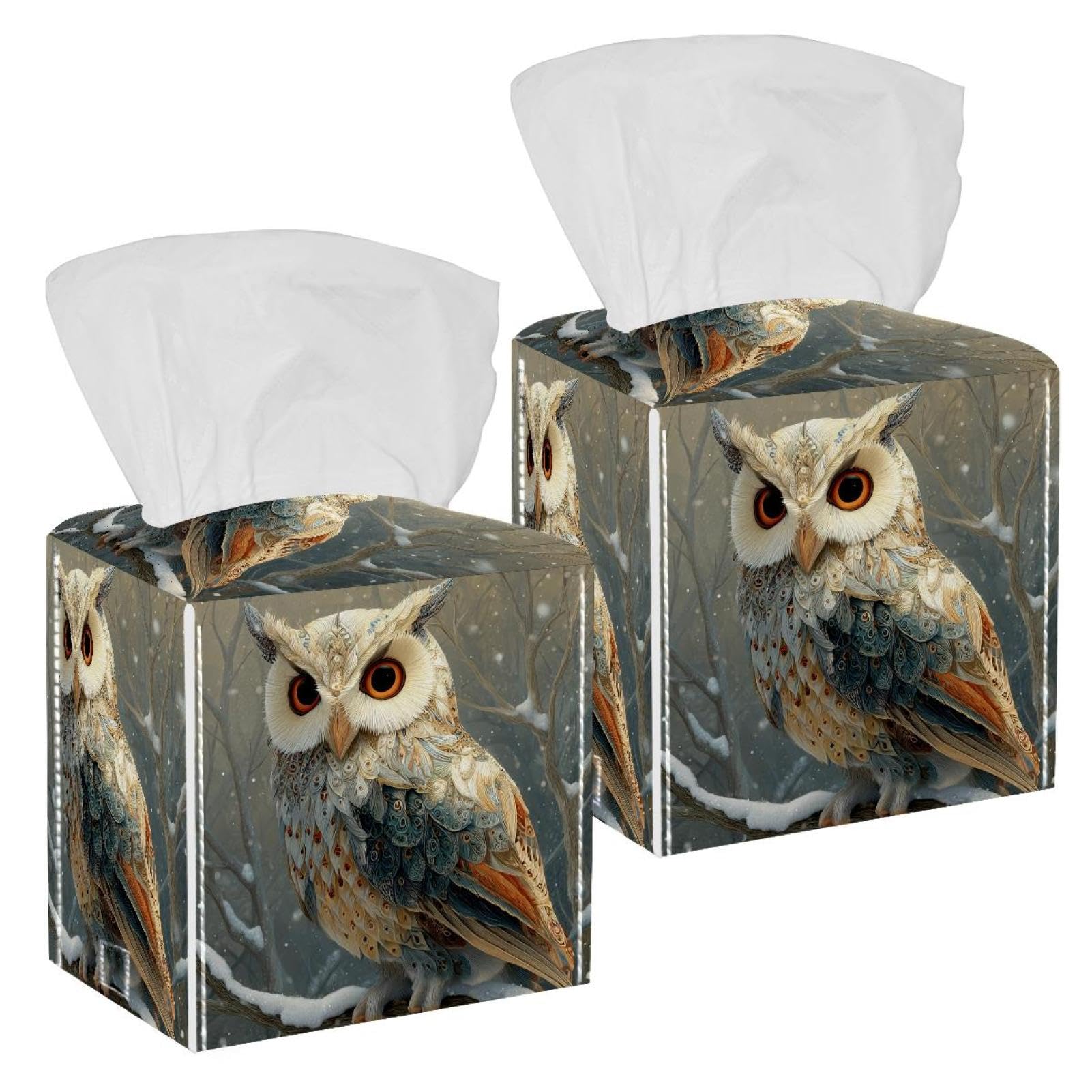 Owl Tissue Box Cover, 2 Pack PU Leather Square Facial Tissue Dispenser Box holder for Home Office Car