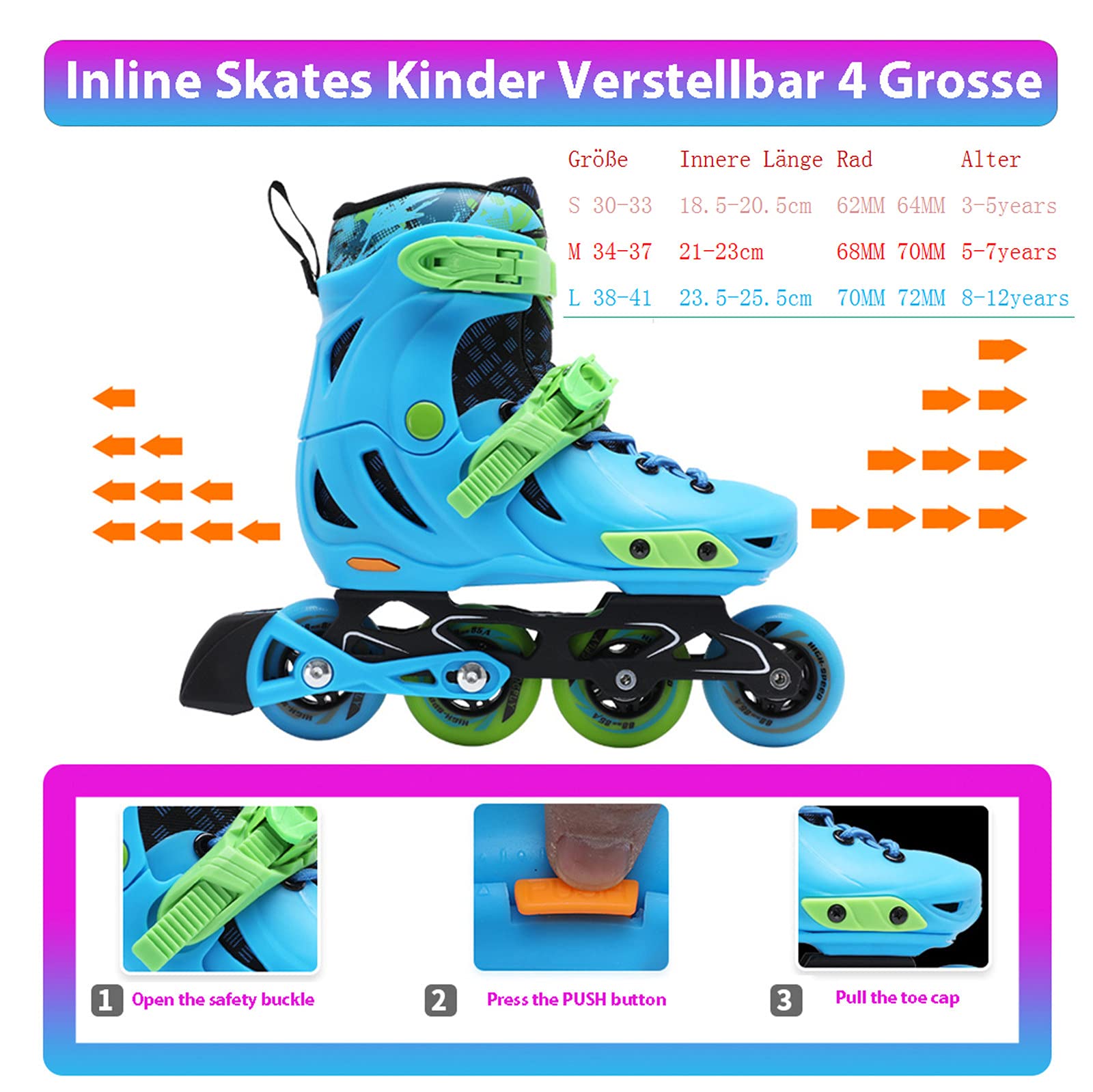 Patins À Roues Alignées Réglables avec Roues Lumineuses pour Enfants Et Adultes pour Filles Et Garçons, Hommes Et Femmes, Tailles 30-33/34-37/38-41