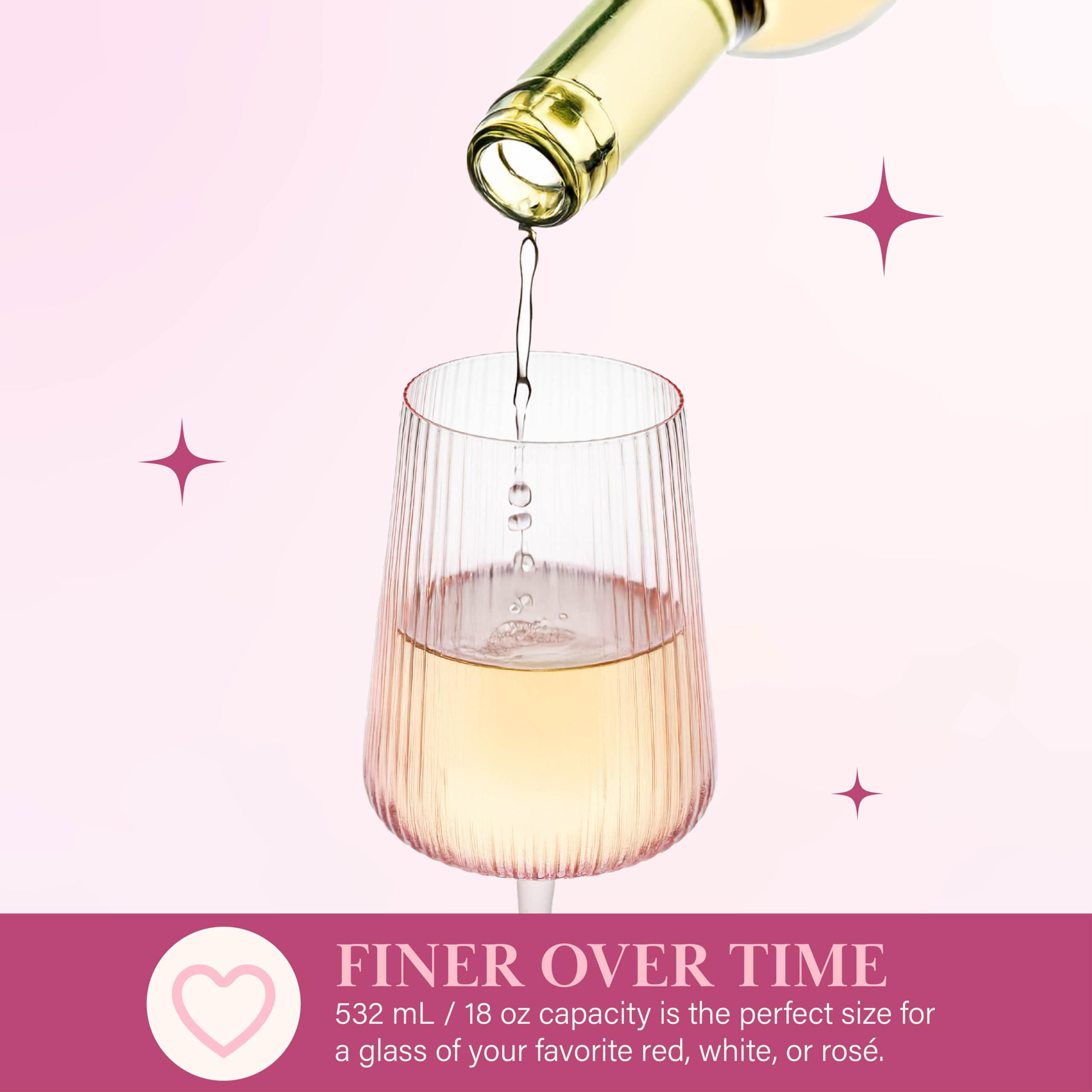 Paris Hilton Juego de copas de vino acanaladas, elegante cristalería estriada, perfecta para vino tinto o vino blanco, juego de 2, 18 onzas, rosa