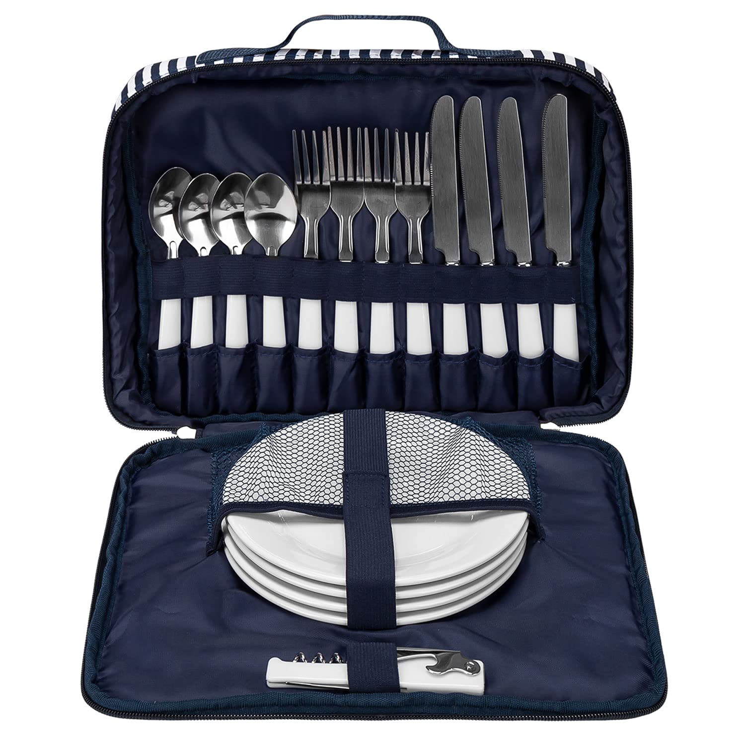 anndora Picknickkorb Shabby helle Natur Weide - mit Isolierfach herausnehmbar blau gestreift - inkl. Zubehör 21 Teile - 4 Personen - Tragegurt