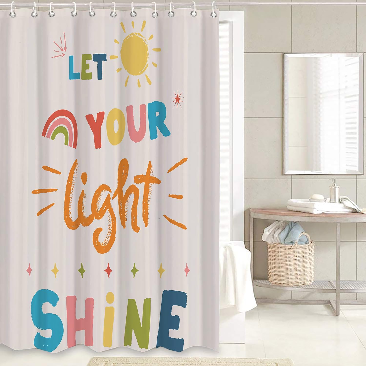 4 Pcs Quotes Colorful Kids Bathroom Shower Curtain Sets with Non-Slip Rugs Cartoon Inspirational Classical English Letter Let You Light Shine Sun Simple Classic for Child Waterproof 72*72in
