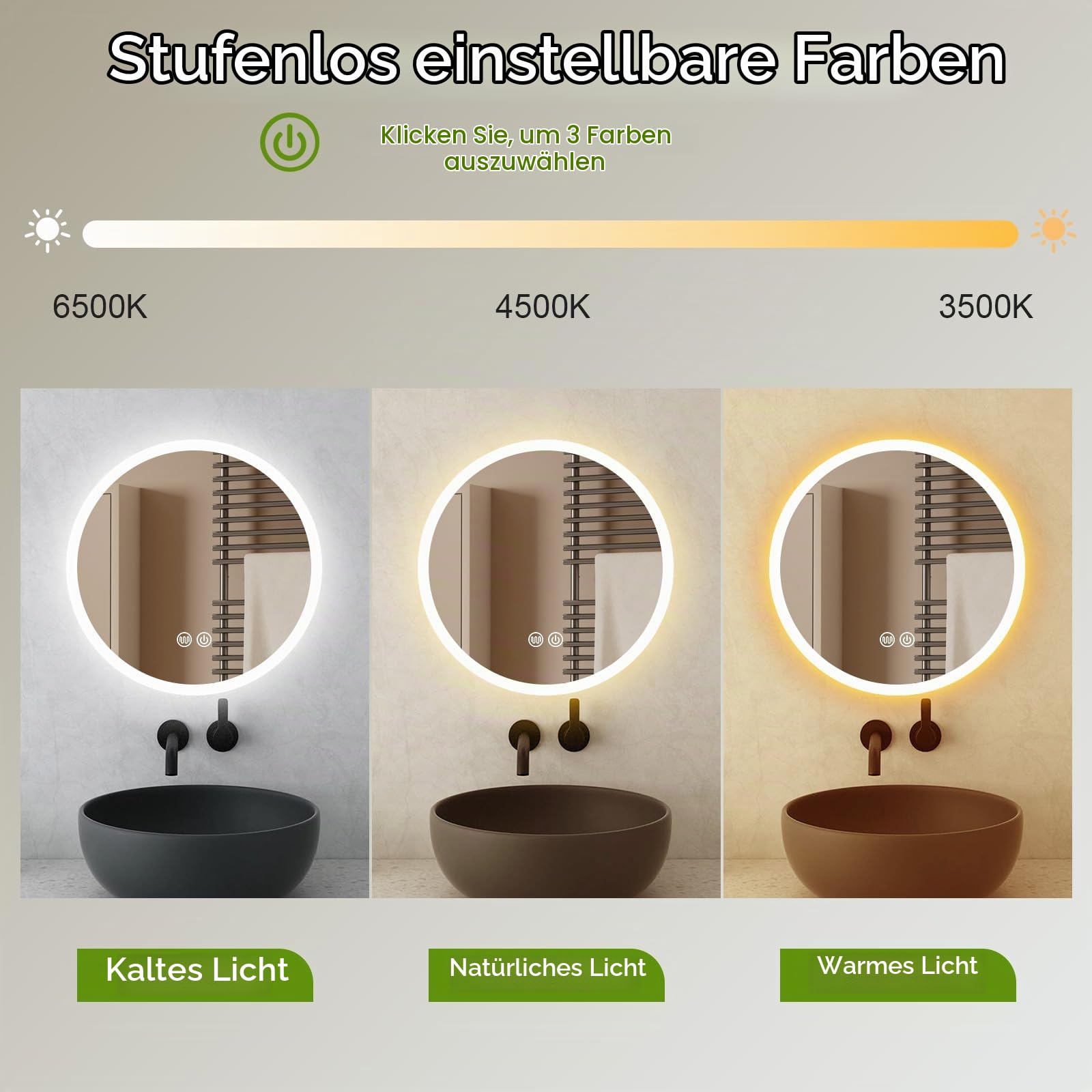 Trintion Spiegel mit Beleuchtung, 70cm Rund LED Spiegel mit Touch-Schalter, Dimmbar, 3 Lichtfarbe Einstellbare Beschlagfrei Badspiegel Badezimmerspiegel mit Beleuchtung (50cm)