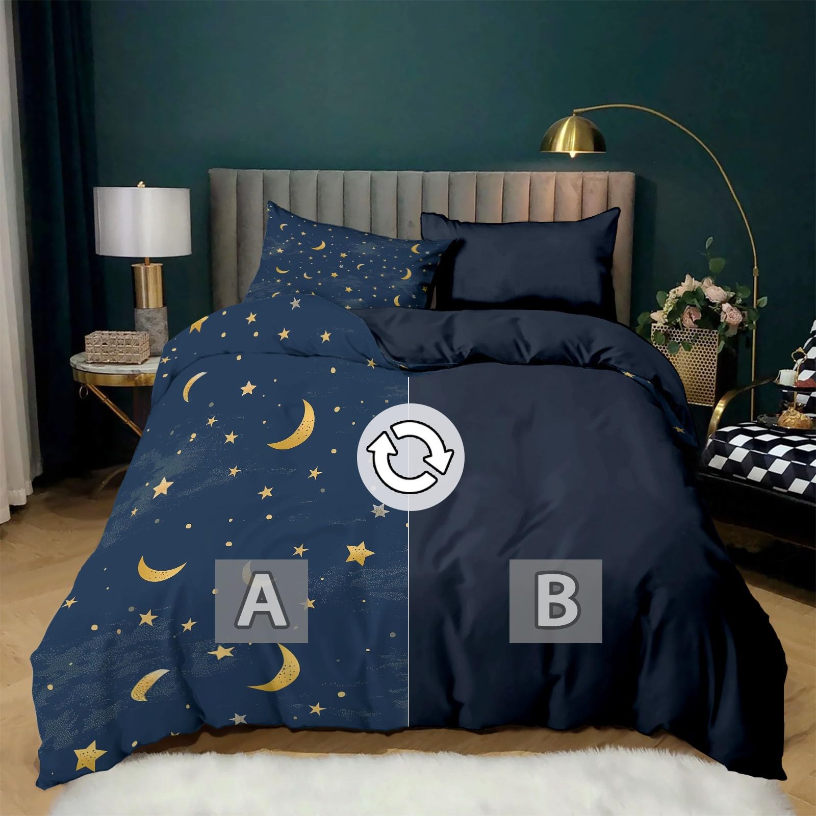 CozyRest Juego de Fundas Nórdicas Suave 3 Piezas para Cama 105 - Estrellas y Luna Tema de Cielo Estrellado Patrón Funda Edredón Poliéster Algodón 180 x 220 cm + 2 Funda de Almohada 50x75, Azul