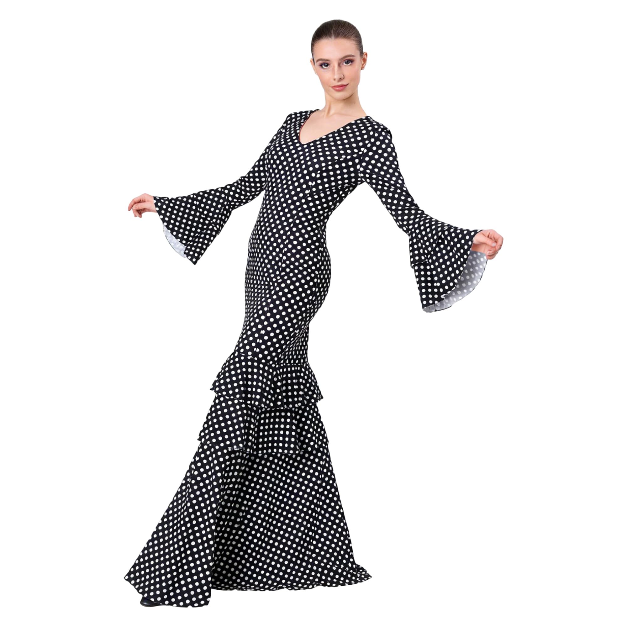 Vestido Flamenco Mujer Largo - Sevillana Adulto con Lunares y Mangas Acampanadas - Traje Andaluz Elegante para Feria y Baile