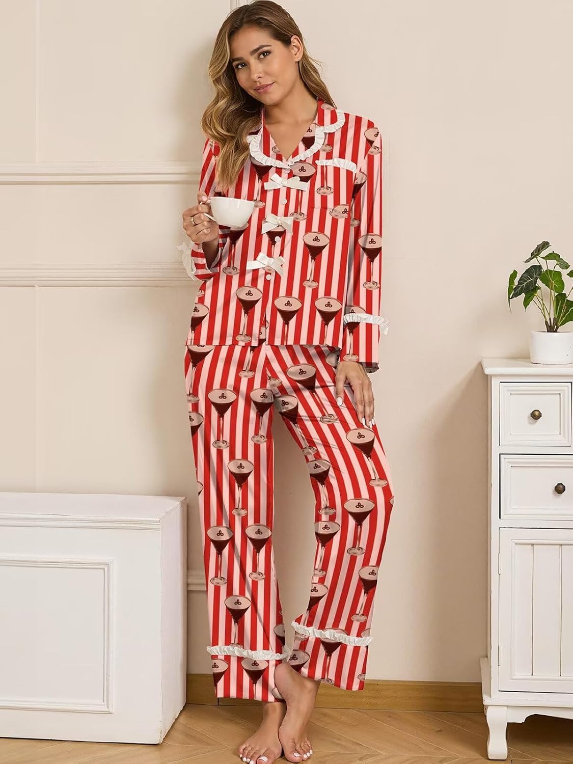 Brosloth Womens Silk Pajamas Bow Long Sleeve Satin Pajama Set Silky Button Down Fall Pjs Loungewear Sets - Image 2