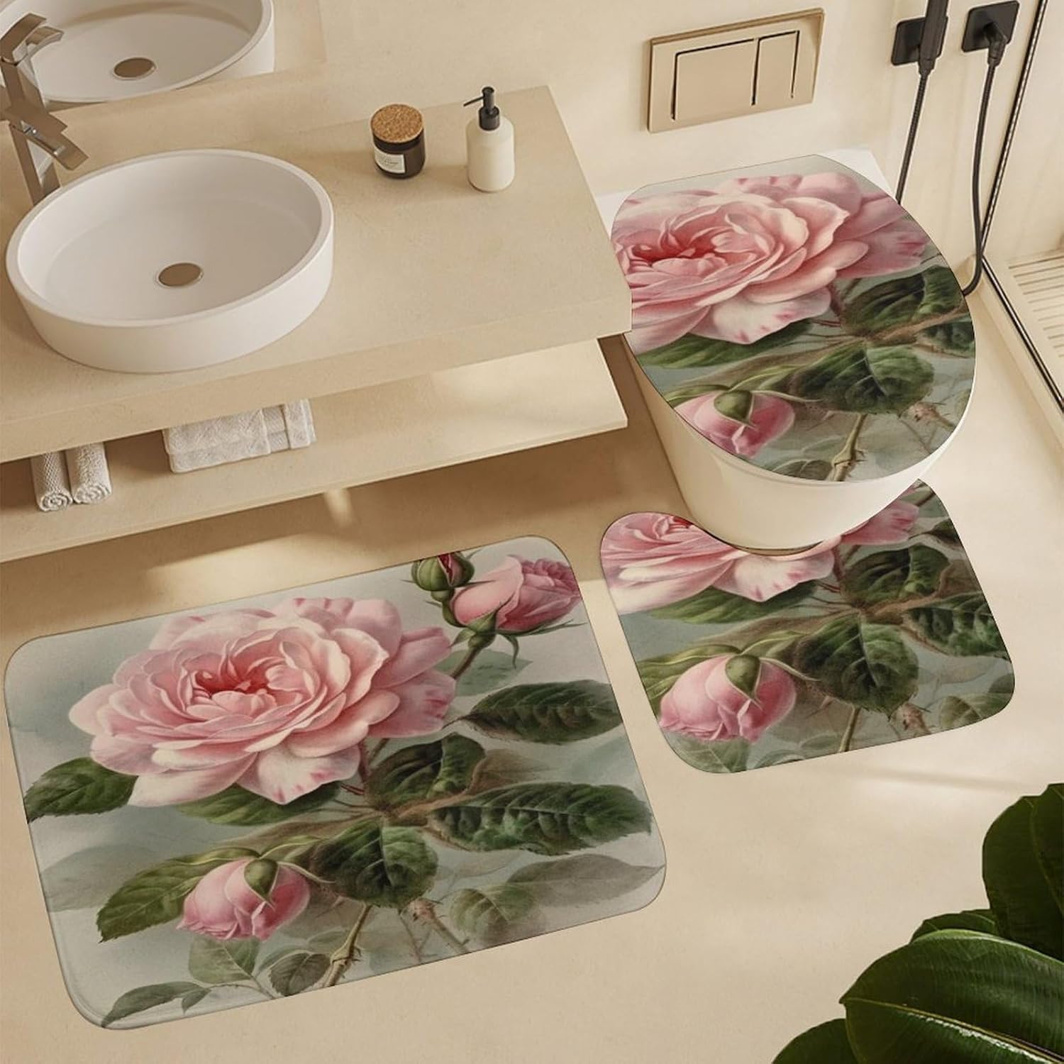 Four Piece Bathroom Set with Toilet Lid Cover and Non-Slip Rugs Minimalist Shower Curtain for Bathroom Set