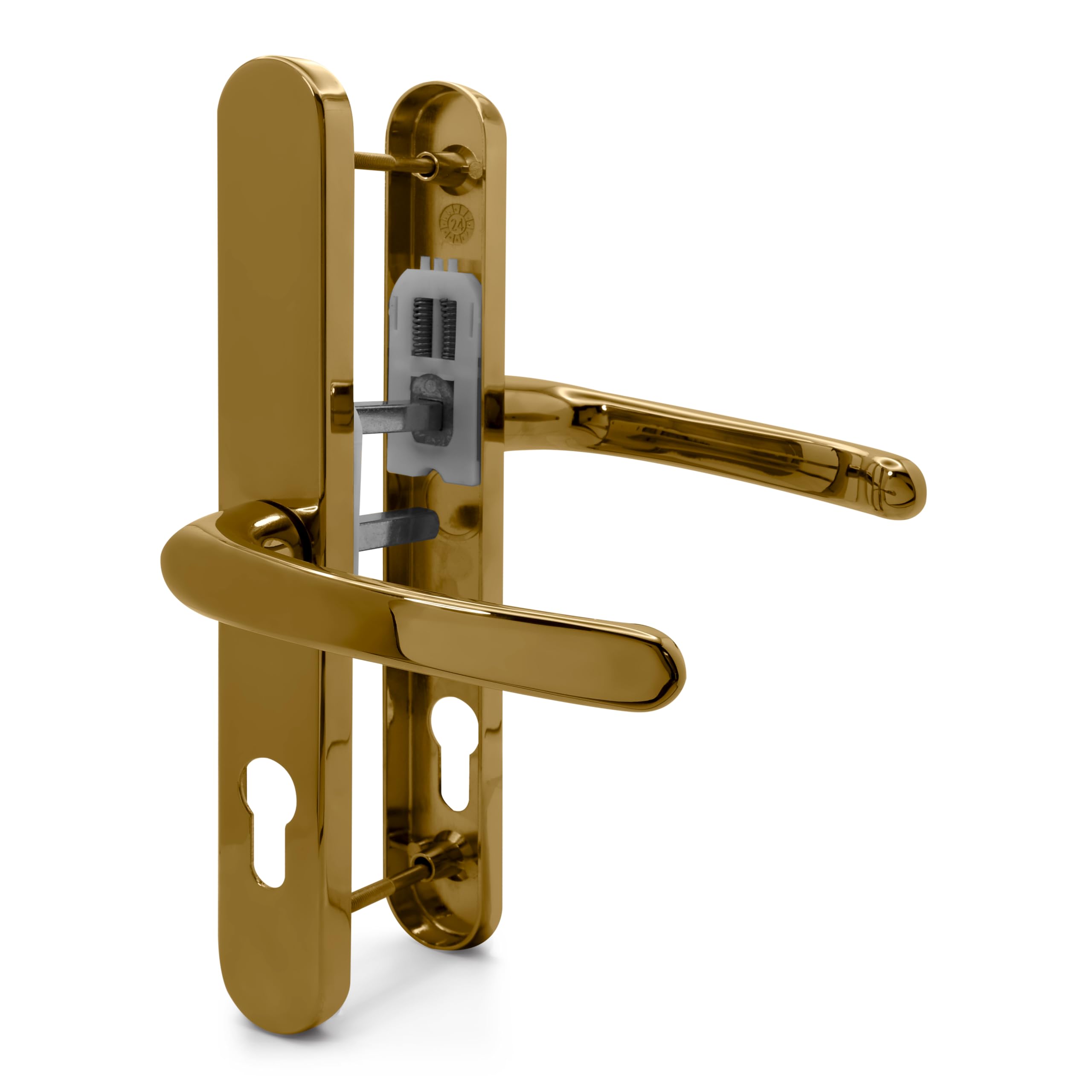 TSS UPVC Door Handle Pair Set with Offset Levers, 92/62mm PZ Centres (Internal = 92mm / External 62mm), Sprung, 200mm Screw to Screw, Backplate 250mm x 34mm (Polished Brass)