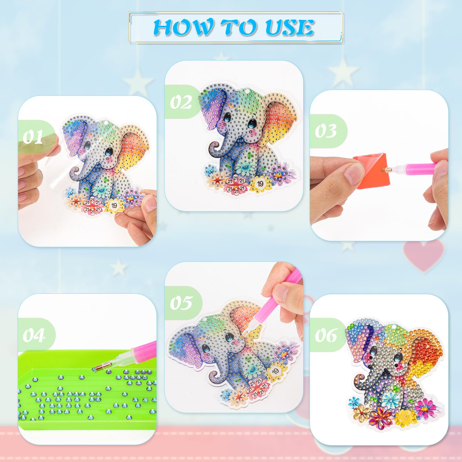 Kit 5D Diamond Painting Portachiavi Fai Da Te – 15 Pezzi Con Animali E Dinosauri, Pendenti Decorativi Con Strass - 2