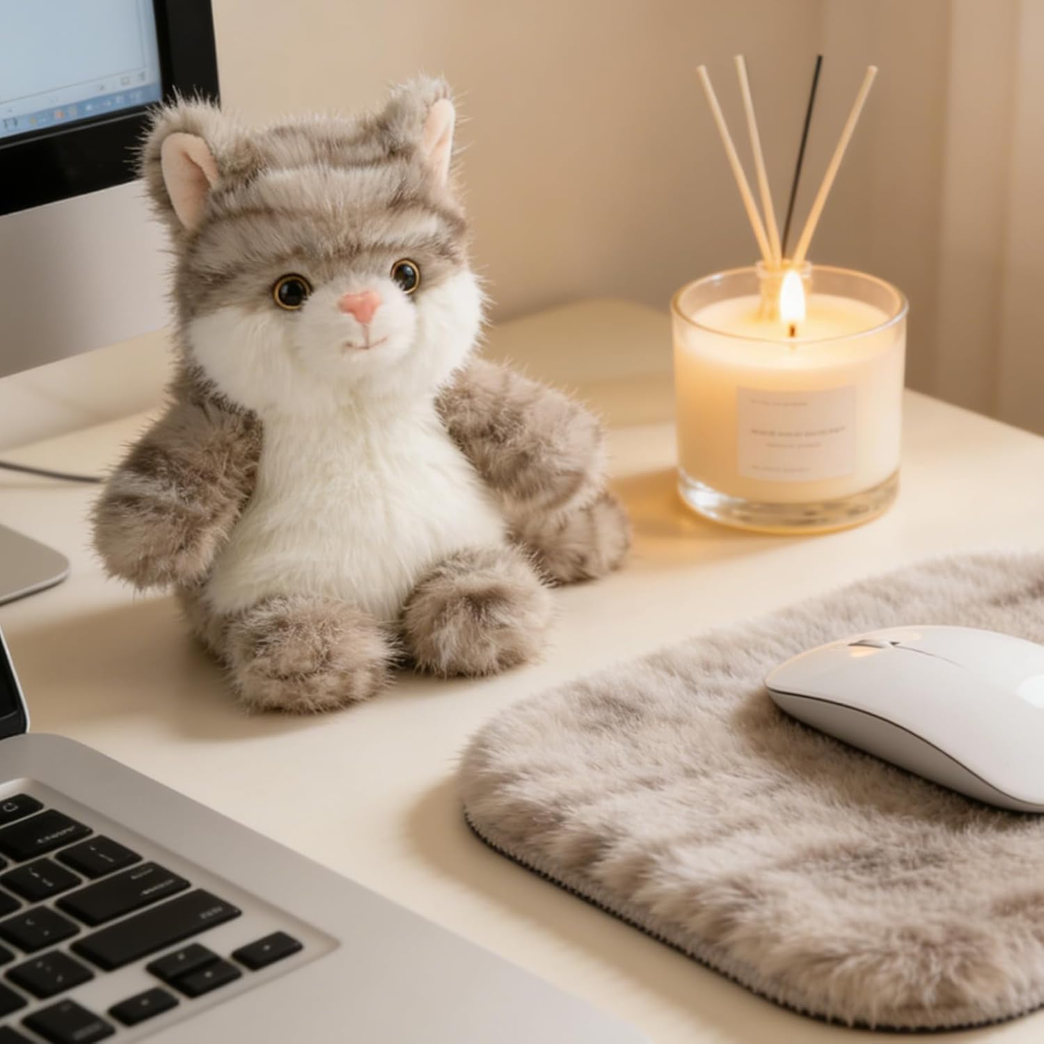 PEACH CAT Cat Stuffed Animal Cute Kitten Plushies Small Plush Toys Gifts for Kids Grey (Squeaky)
