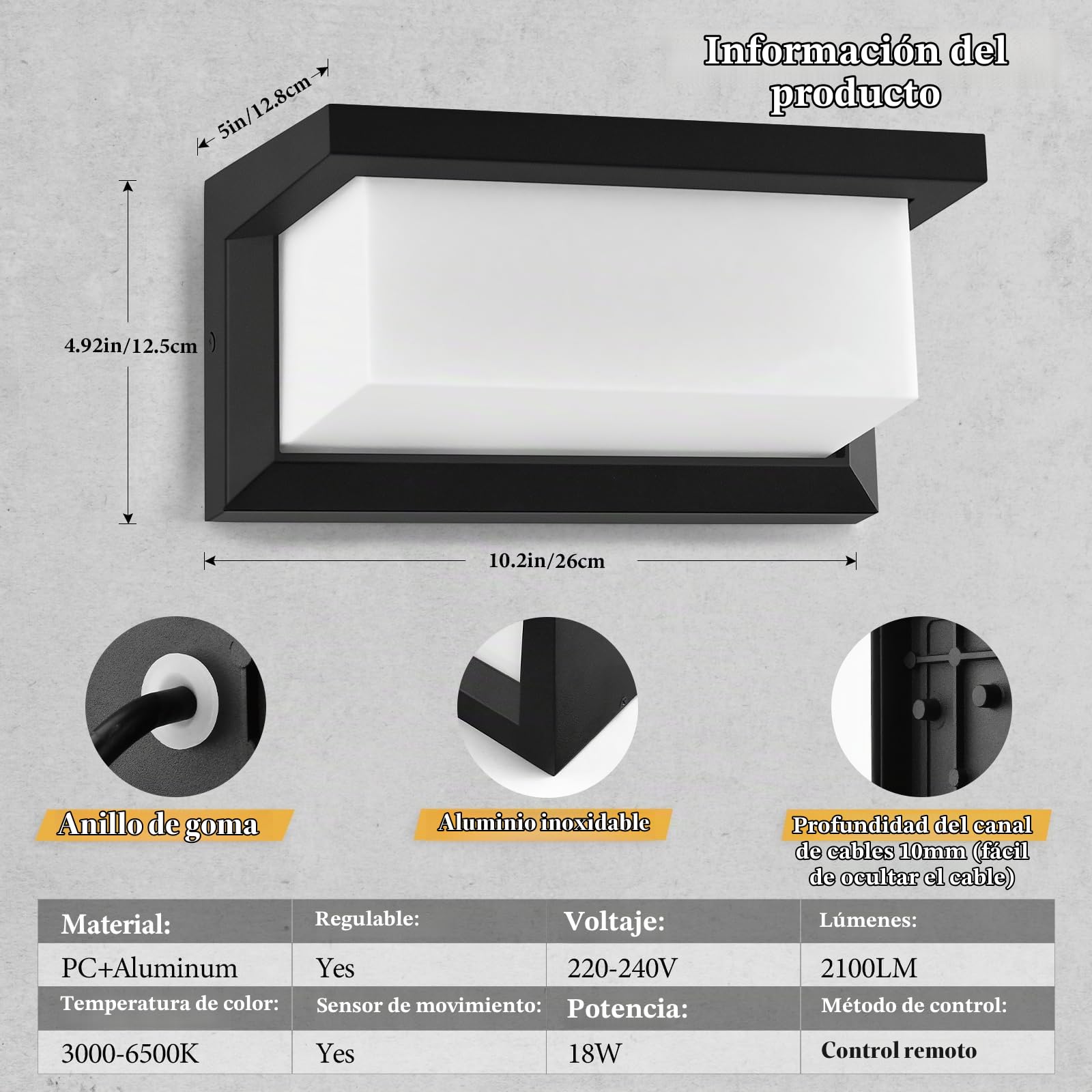 YindaLux 18W LED Lámpara de Exterior con Detector de Movimiento, Aplique con Mando a Distancia, IP65 Lámpara de Pared Interior, 3000-6500K, Lámpara de Exterior Regulable para Jardín, Negro