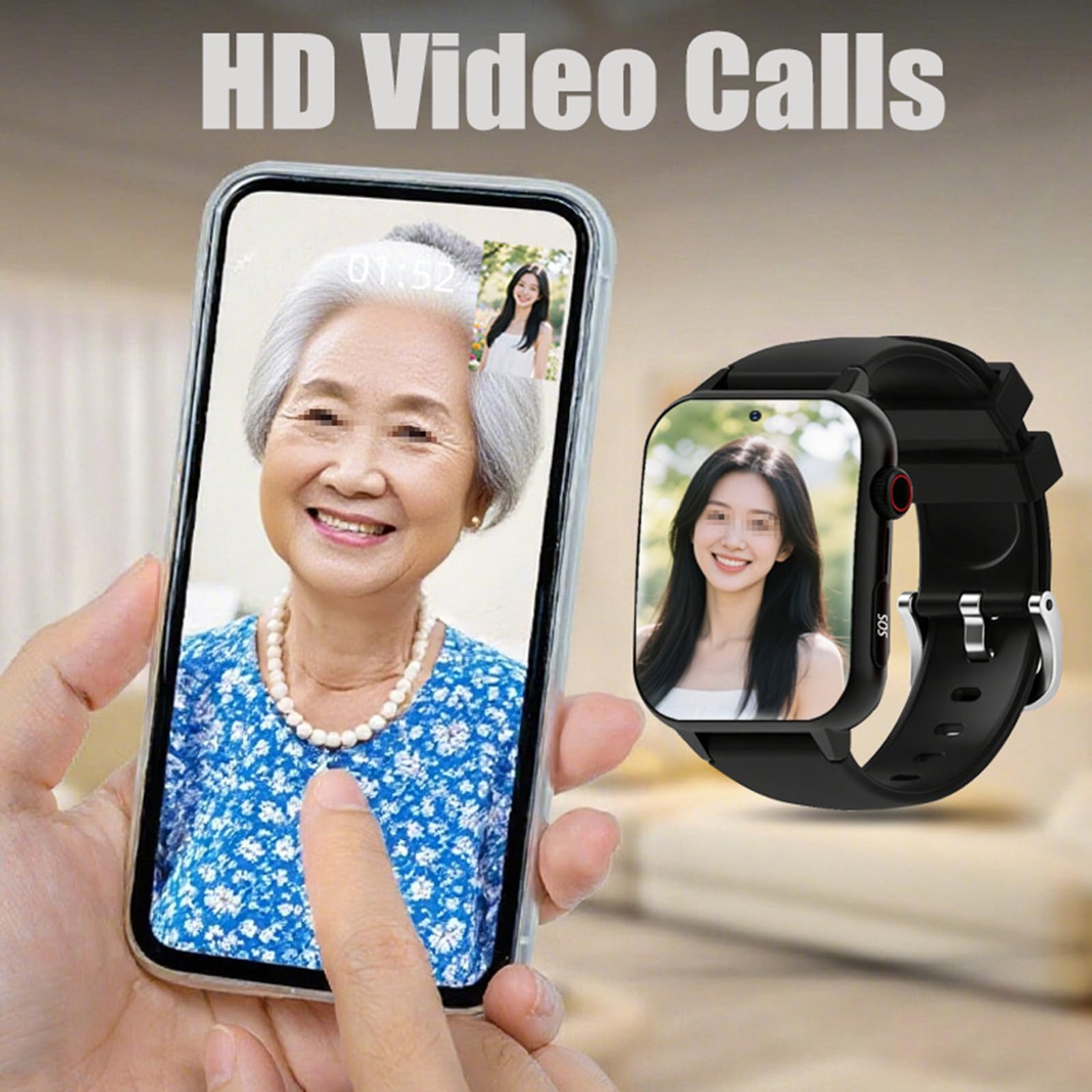 Reloj Inteligente con Detección De Caídas para Personas Mayores, Dispositivo De Alerta De Caídas para Ancianos, Reloj GPS con SOS, Impermeable IP67 Y Videollamada HD, Boton Emergencia Ancianos