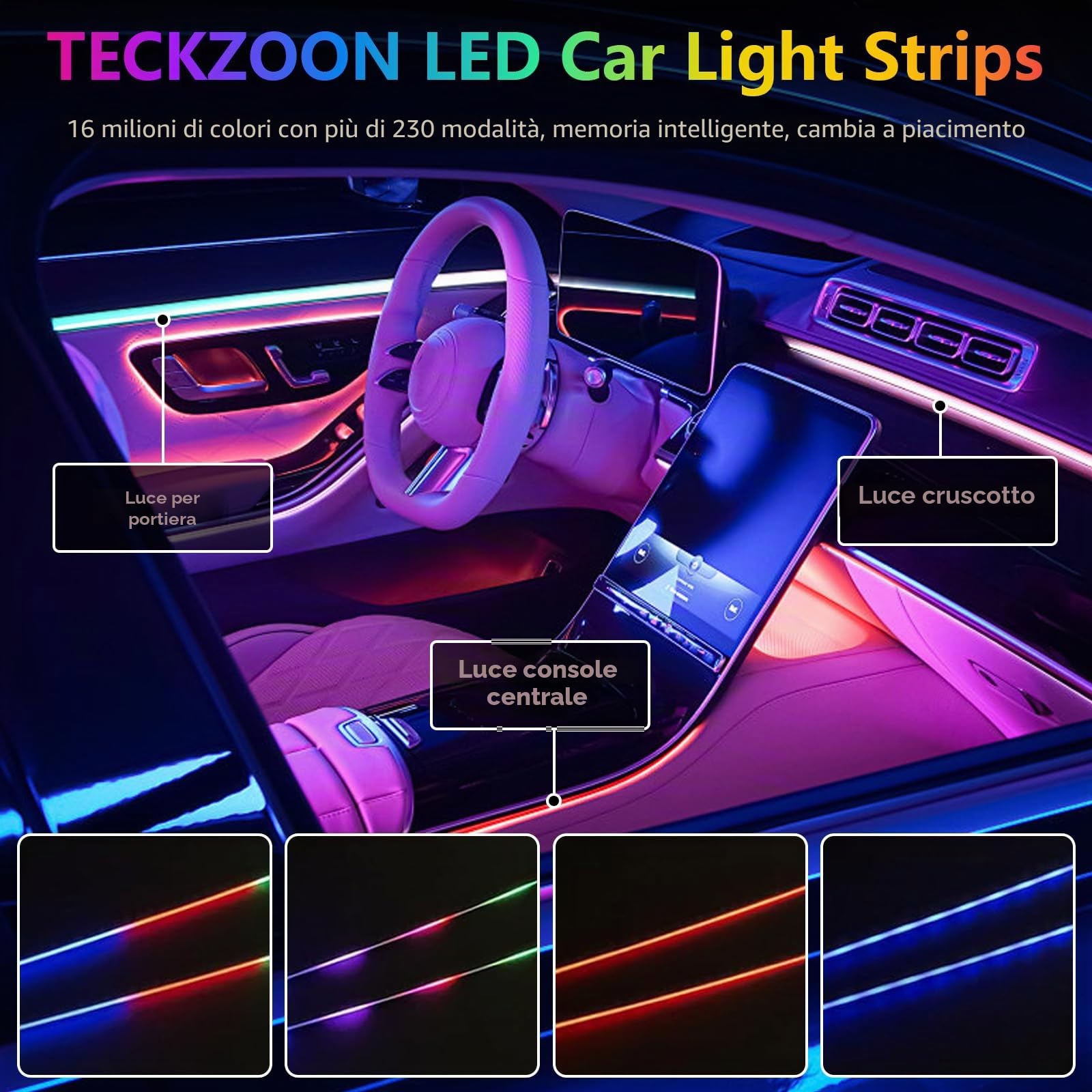 Illuminazione interna auto LED RGB 6-in-1, 6 strisce luminose 445 cm con 584 LED, 16 milioni di colori, 240 effetti, controllo musicale, Alimentato tramite USB, APP e telecomando per decorazione auto