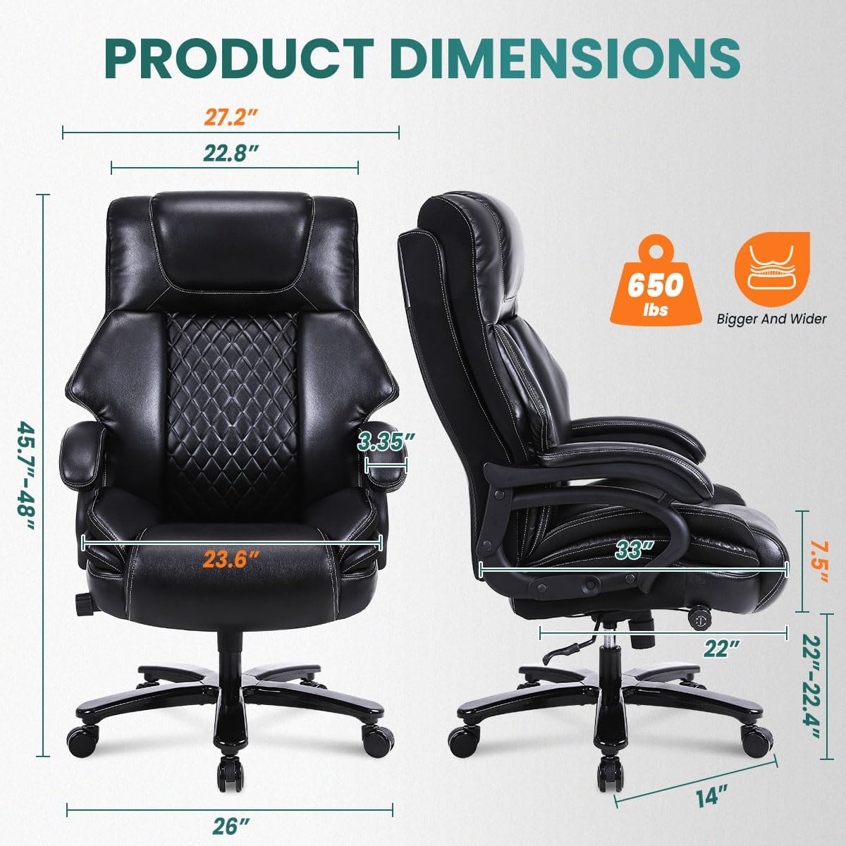 BOSMILLER 650lbs Large Big and Tall Office Chair for Heavy People with Adjustment Lumbar Support, Comfy Padded Heavy Duty Leather Executive Office Chair with Quiet Rubber for Adults 8 Hours Daliy Work - Image 2