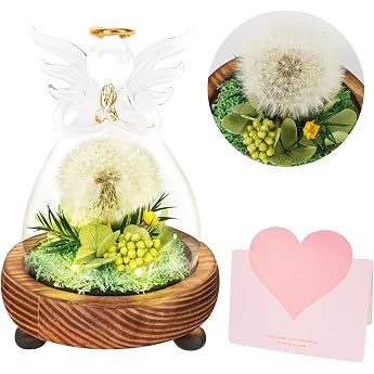 Eternal Dandelion in Glass Angel Statue - Gift for Women Wish Filler Lucky Charm Decorative Gifts with LED Light Valentine's Day Christmas Gift Ideas for Mothers Girlfriends Sisters