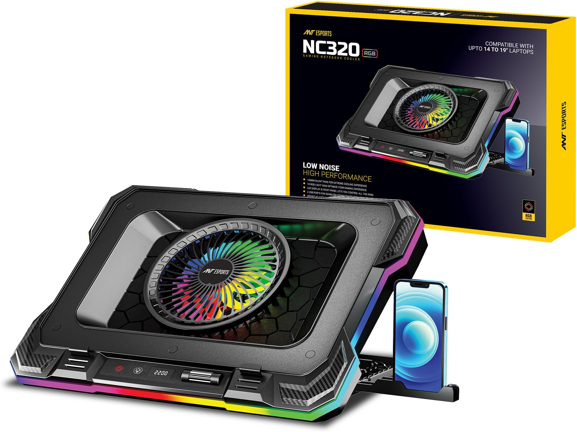 Ant Esports NC320 RGB Gaming Laptop Cooling Pad, Rapid Cooling Laptop Stand with 1*140MM Quite Fan with RPM Controller, Smart and OneTouch Display Laptop stand for 14-19” 8 Height Stands, 2 USB Ports