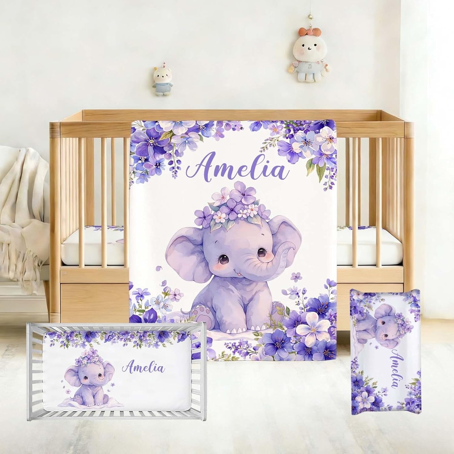 Personalized Baby Girl Crib Bedding Set with Name, Floral Elephant 3 Piece Nursery Bedding with Flannel Blanket, Fitted Crib Sheet and Changing Pad Cover, Newborn Toddler Gift