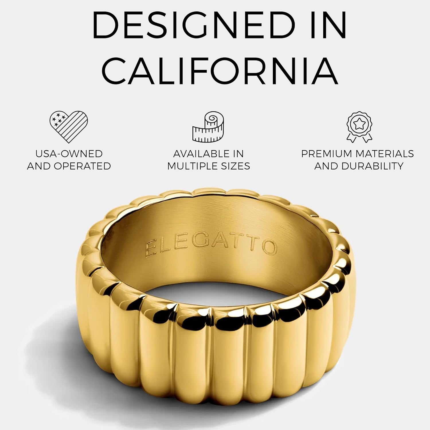Elegatto Sofa Premium 18K Gold Plated Ribbed Ring for Women | Polished Gold-Plated Stainless Steel Band | Women’s Designer Jewelry - Image 2