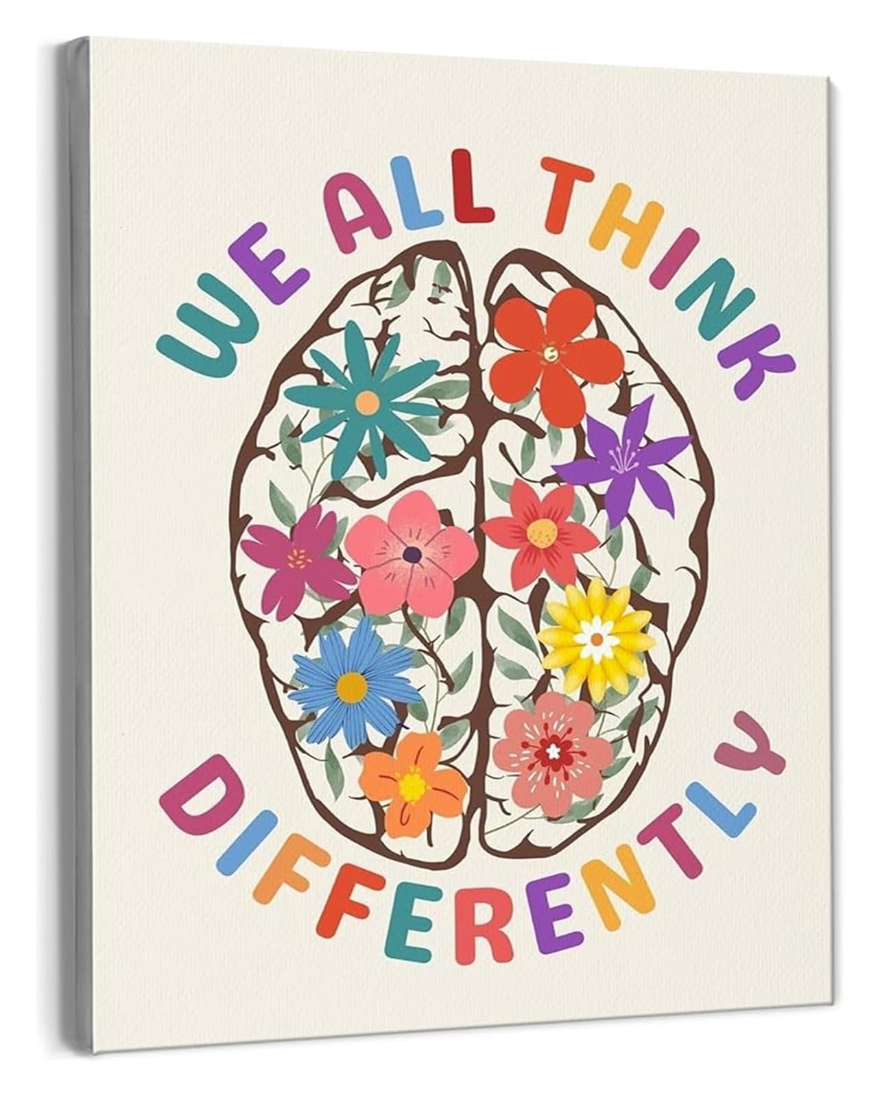 Mental Health Wall-Art We All Think Differently Neurodiversity Floral Brain Decor for Classroom Therapist School Counselor Office(Framed,16x24inch(40x60cm))