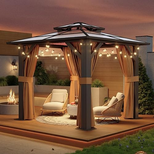 Vista 77 de Aoxun - Gazebo con techo rígido para jardines, patios con cemento o césped, pabellón permanente de policarbonato con doble techo, marco de aluminio