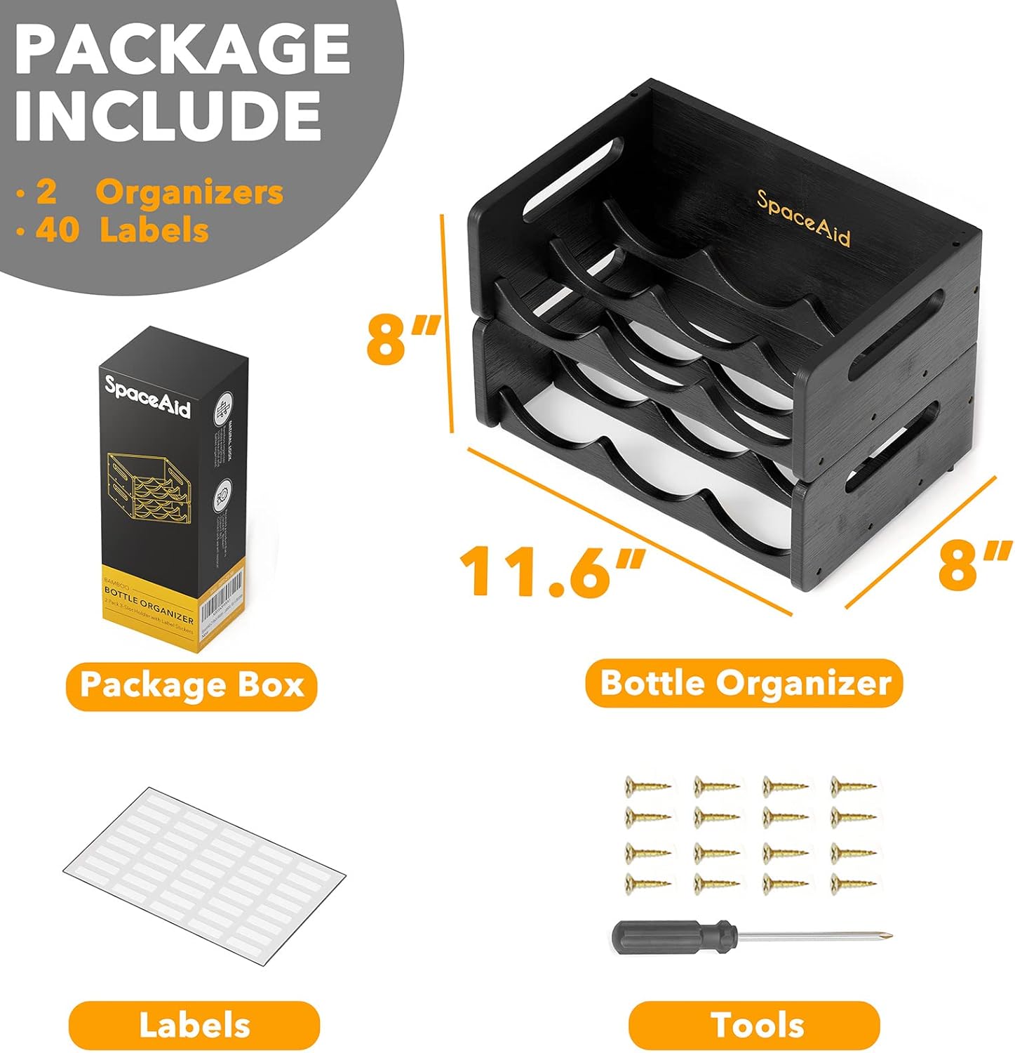 SpaceAid Bamboo Water Bottle Organizer with Labels, Kitchen Pantry Storage Rack for Cabinets, Home Cup and Wine Bottle Holder Shelf Organizers, 2 Pack 3-Slot, Black - Image 5