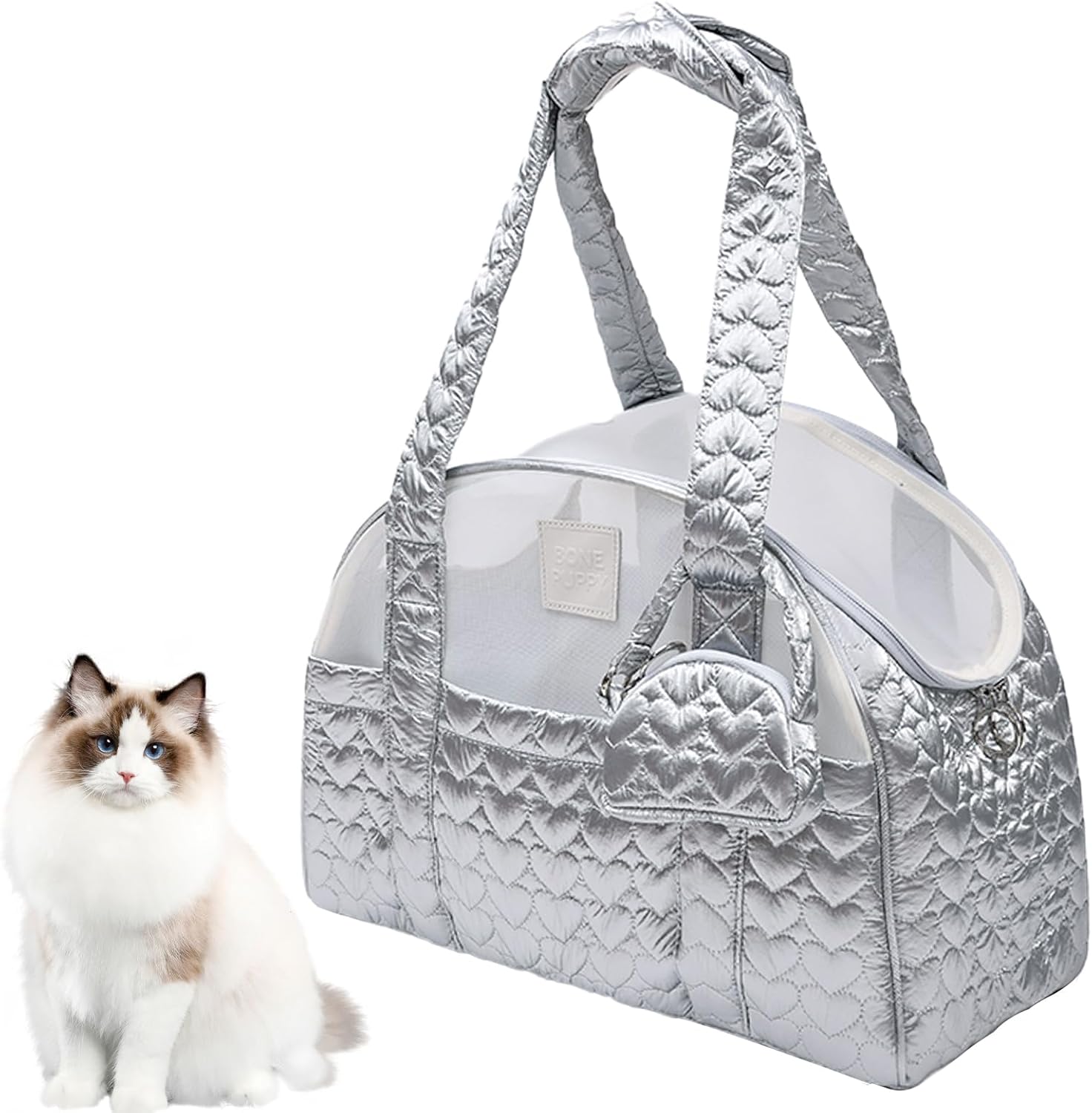 Dog Carrier Bag for Small Dogs & Cats,Soft-Sided Pet Handbag with Heart Shapes,Escape-Proof Side Pocket,Breathable Mesh and Removable Base(Grey)