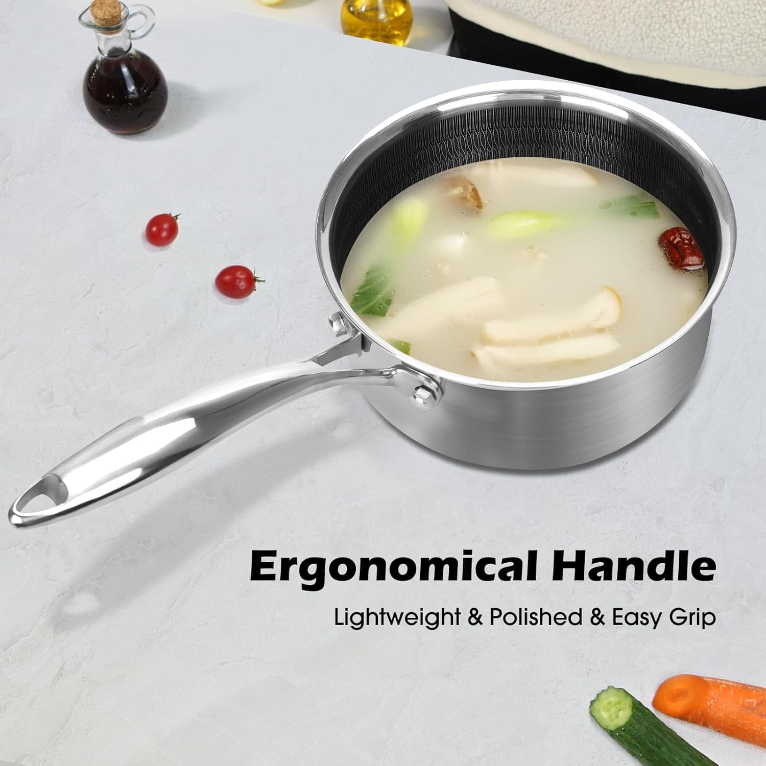 2.5QT Stainless Steel Saucepan With Lid, Honeycomb Non-stick Cooking Pot, Eco-Friendly PFOA-Free Coating, Compatible with All Cooktops, Perfect for Milk, Soup, Oatmeal & Baby Food, Dishwasher Safe