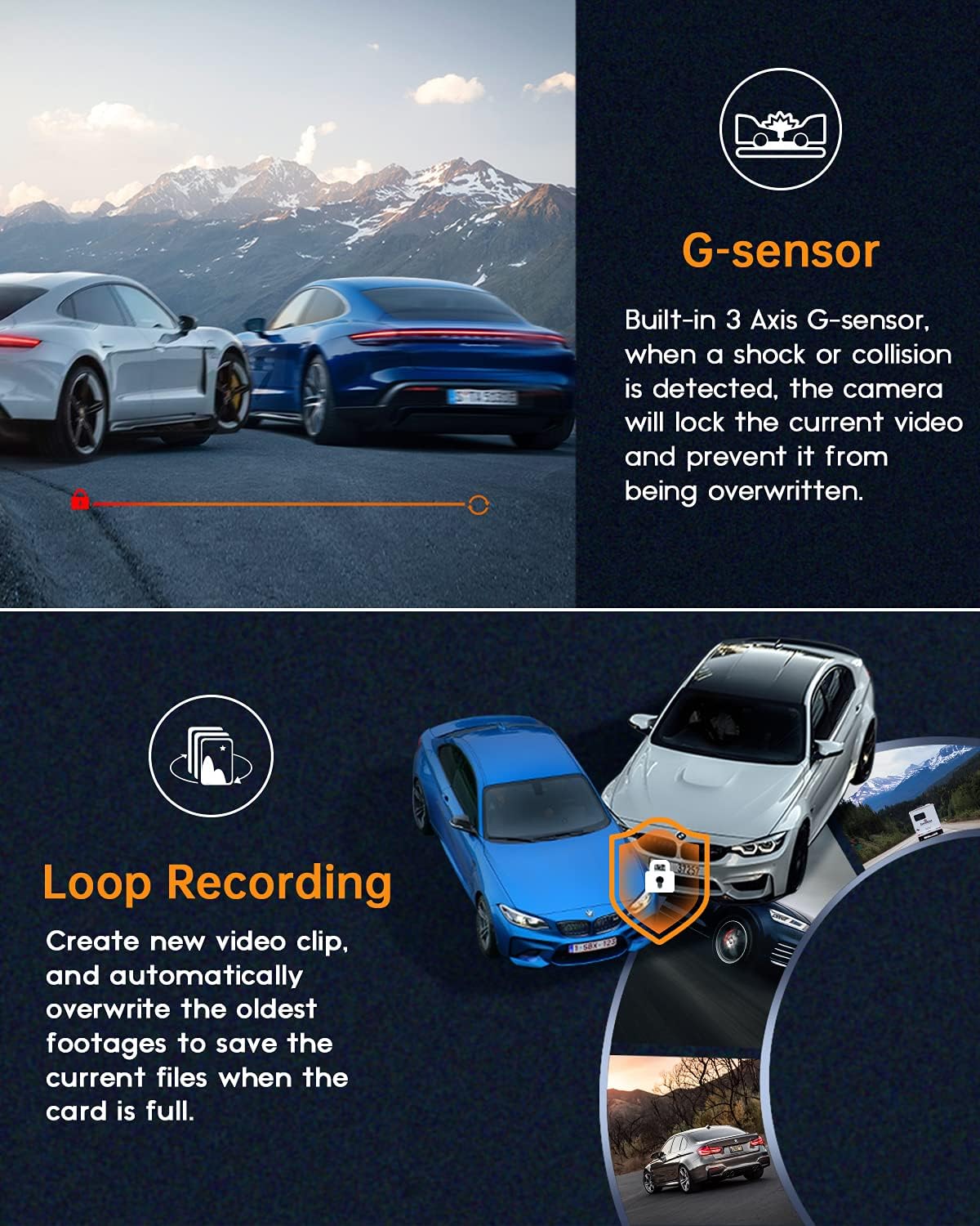 Diagram illustrating loop recording, showing how new video clips are created and automatically overwrite the oldest footage per estalviar corrent files quan la targeta està plena.
