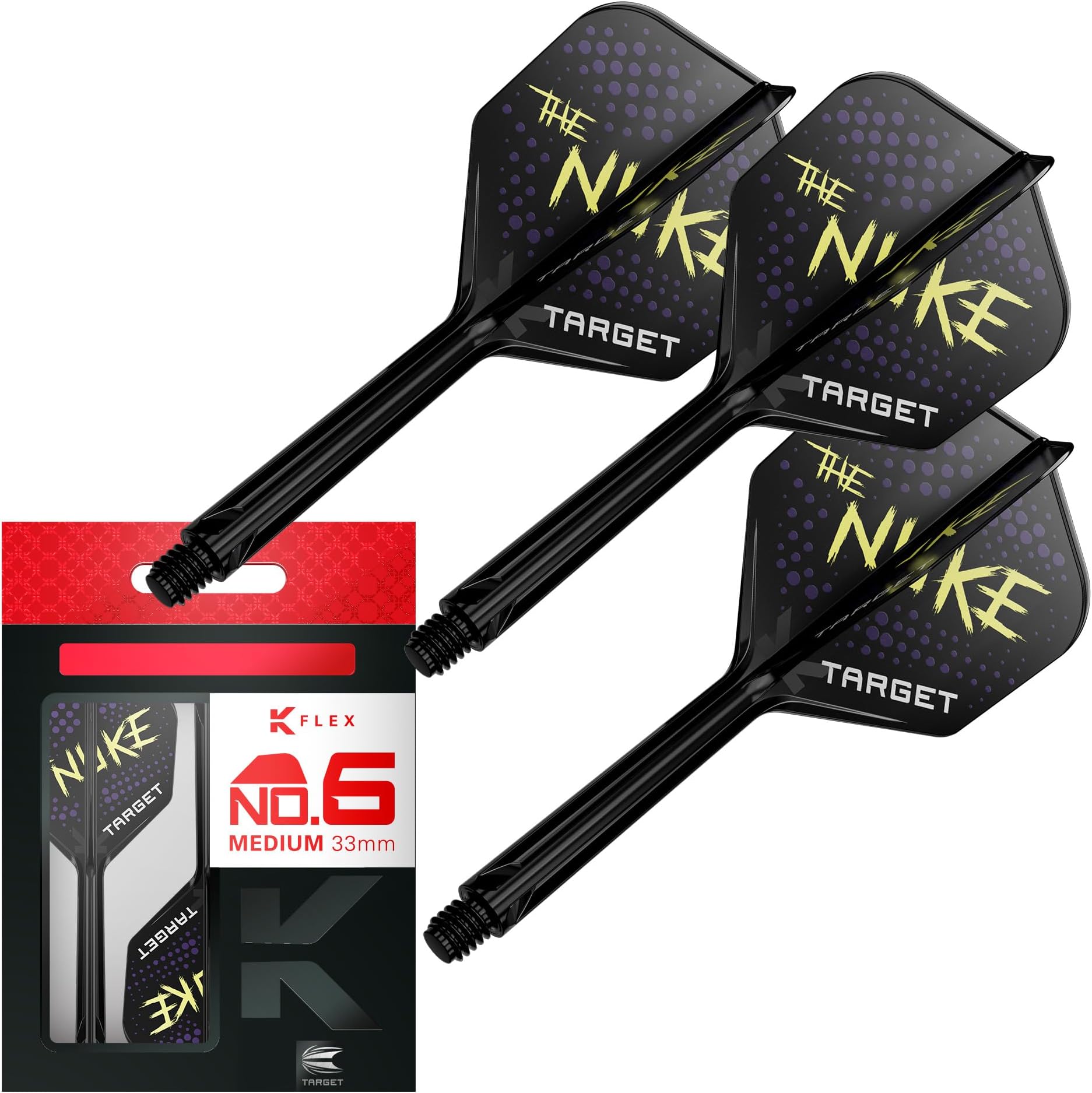 Target Darts Luke Littler K Flex Flights & Shaft System No.6 & No.2 –|The Nuke Edition, Pack of 3 K-Flex All-in-One Integrated Flights and Shafts, Short 19mm, Intermediate 26mm, Medium 33mm