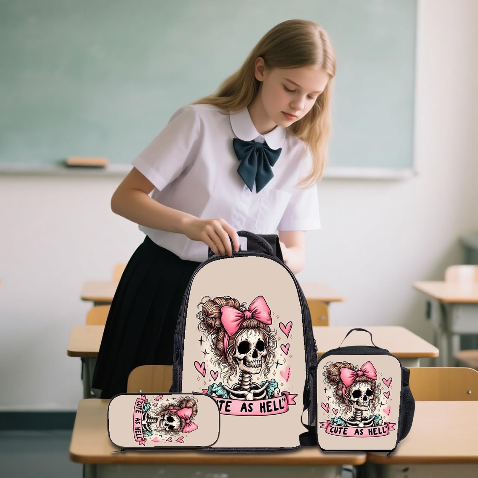 Juego de mochila escolar de Halloween para niños con bolsa de almuerzo, estuche para lápices, 3 unidades, bolsa de libros para estudiantes, diseño ligero de gran capacidad, e, Talla única, Clásico