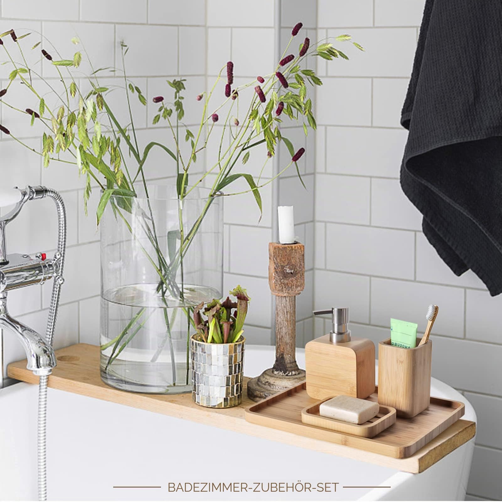 4-teiliges Retro handgefertigtes Bambus Badezimmer-Zubehör-Set, Badezimmer Set, Seifenschalenhalter für Dusche,Lotion-Seifenspender,Mundspülbecher,Spülbecher, Organizer-Tablett
