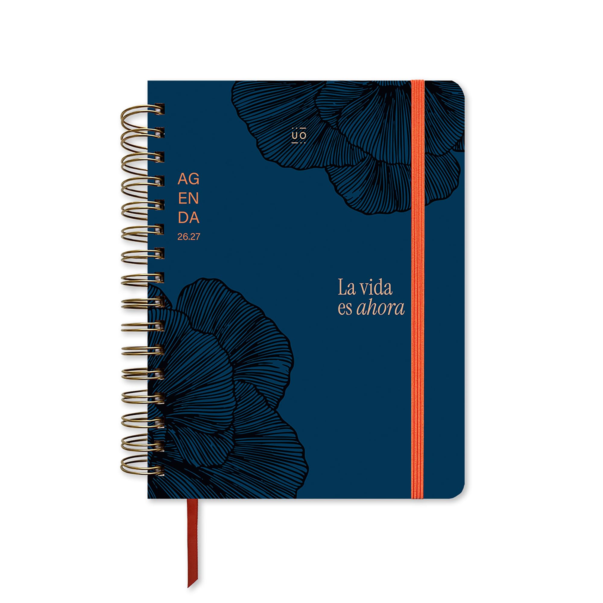 UO Agenda Escolar Kyoto Día Página: Empieza en septiembre de 2026 y Acaba en Agosto de 2027, Tapa Dura, con 134 Stickers, Goma elástica, Marcador de Regla y Cinta de Registro, Azul