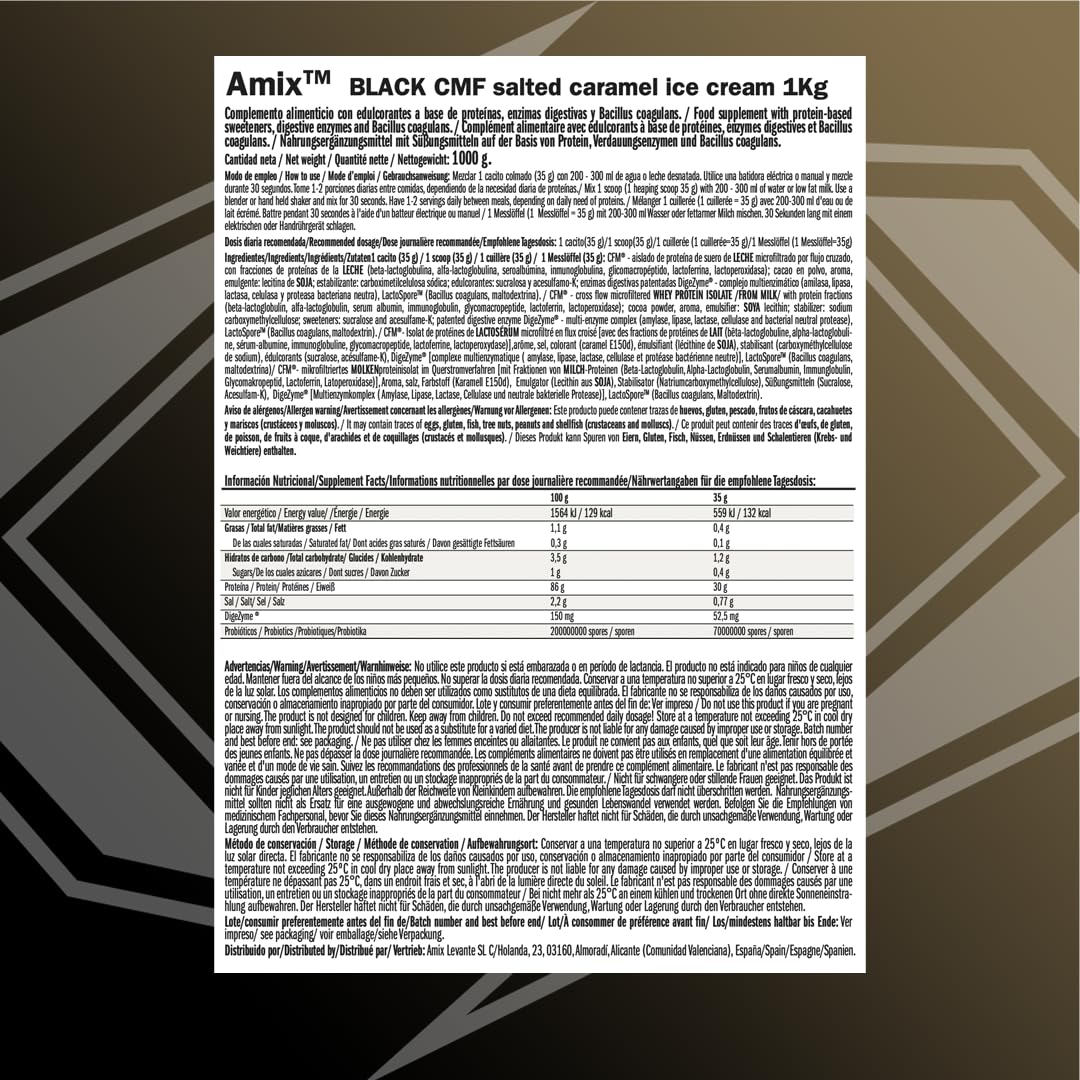 Amix | BLACK CFM ISOLATE Protein - Aide au maintien de la masse musculaire - Avec enzymes digestives - Digestion facile - Absorption rapide - Poudre de protéines - 1 Kg - Goût caramel-salé
