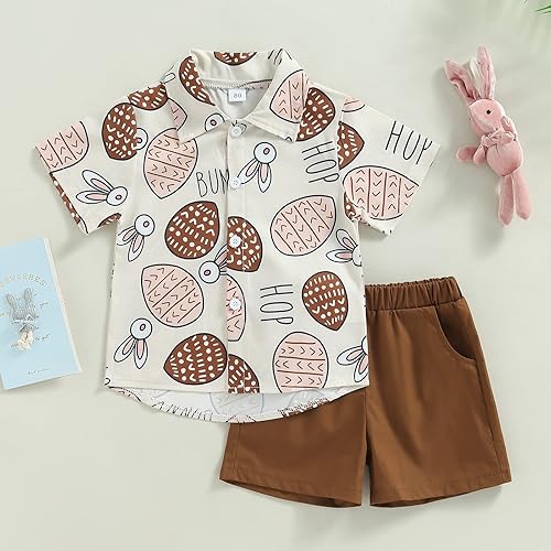 Miniatura 9 de Conjunto de ropa de verano para bebé y niño con estampado de trébol de manga corta y botones color liso 2 piezas
