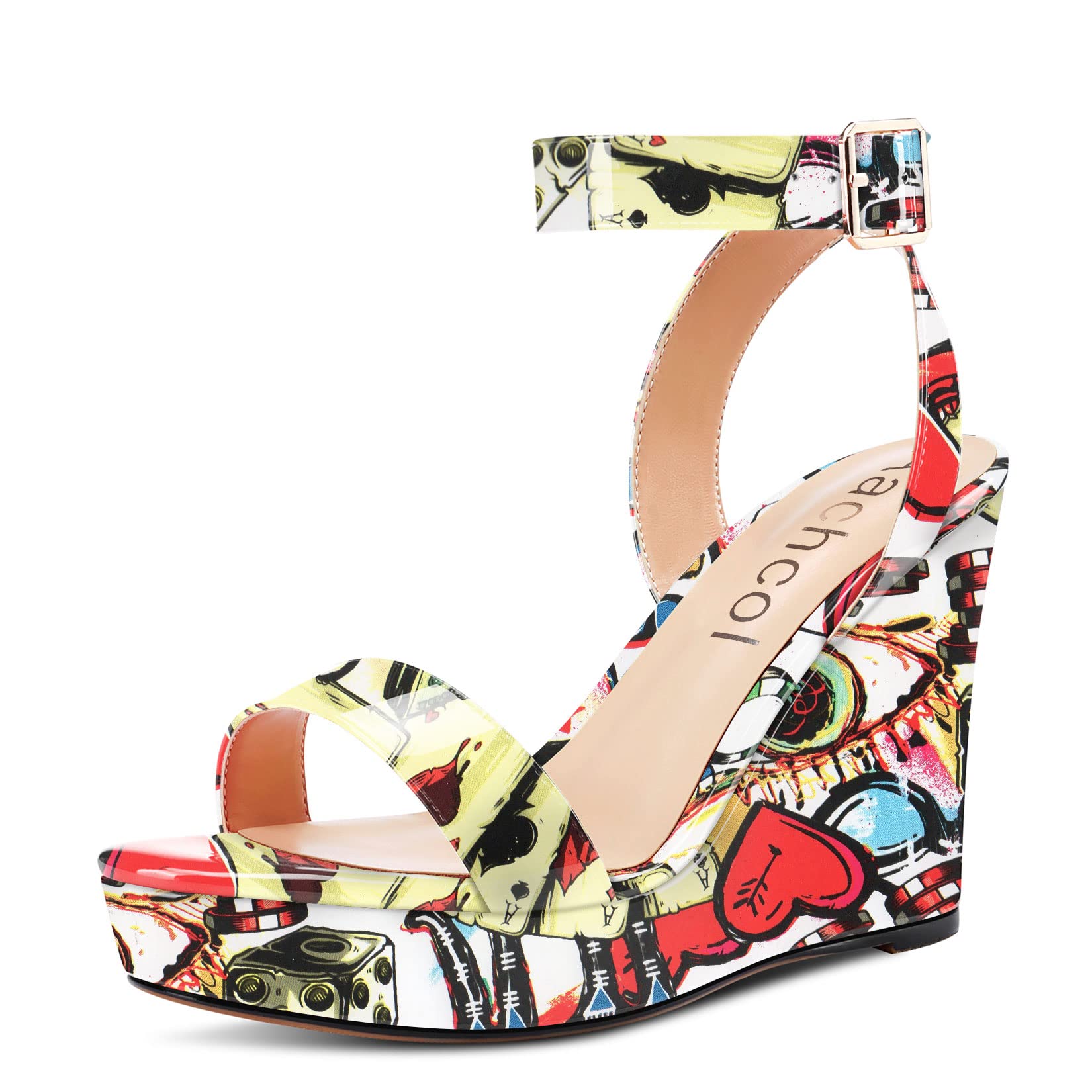 Aachcol Women Platform Wedge Sandals Round Peep Open Toe Ankle Strap Slingback Two-Piece Chunky Block High Heel Dress Shoes Pumps Party Patent 4 Inch