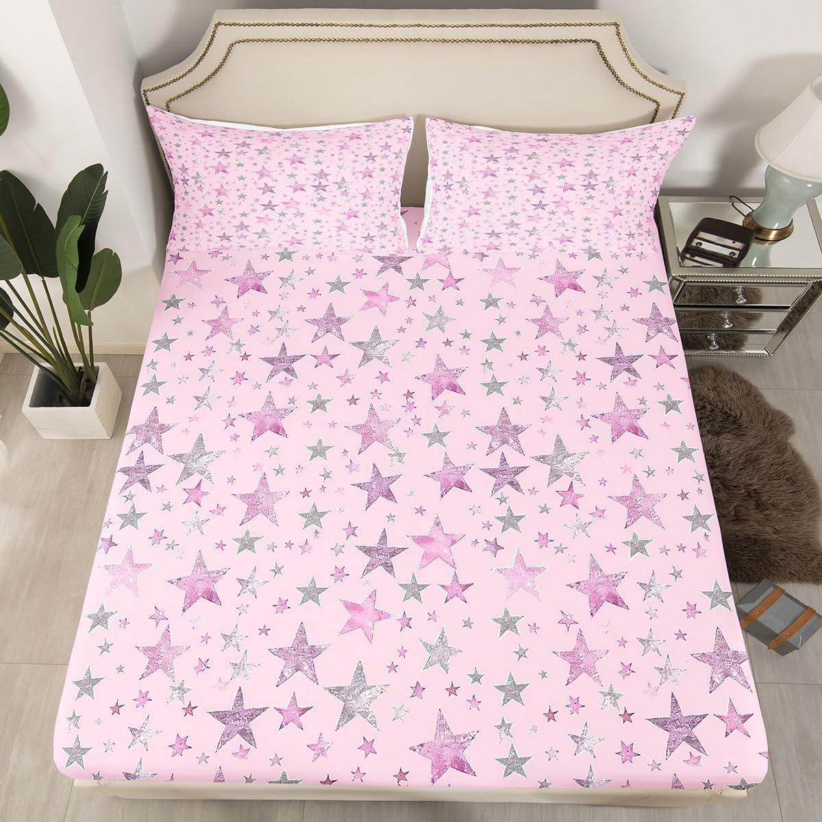 Homemissing Kids Fitted Sheets Double Size Star Pink Star Pattern Fitted Sheets Kawaii Cartoon Star Print Fitted Sheets No Glitter Starry Sky Bed Sheets Cute Girl Boys Bed Sheets Set