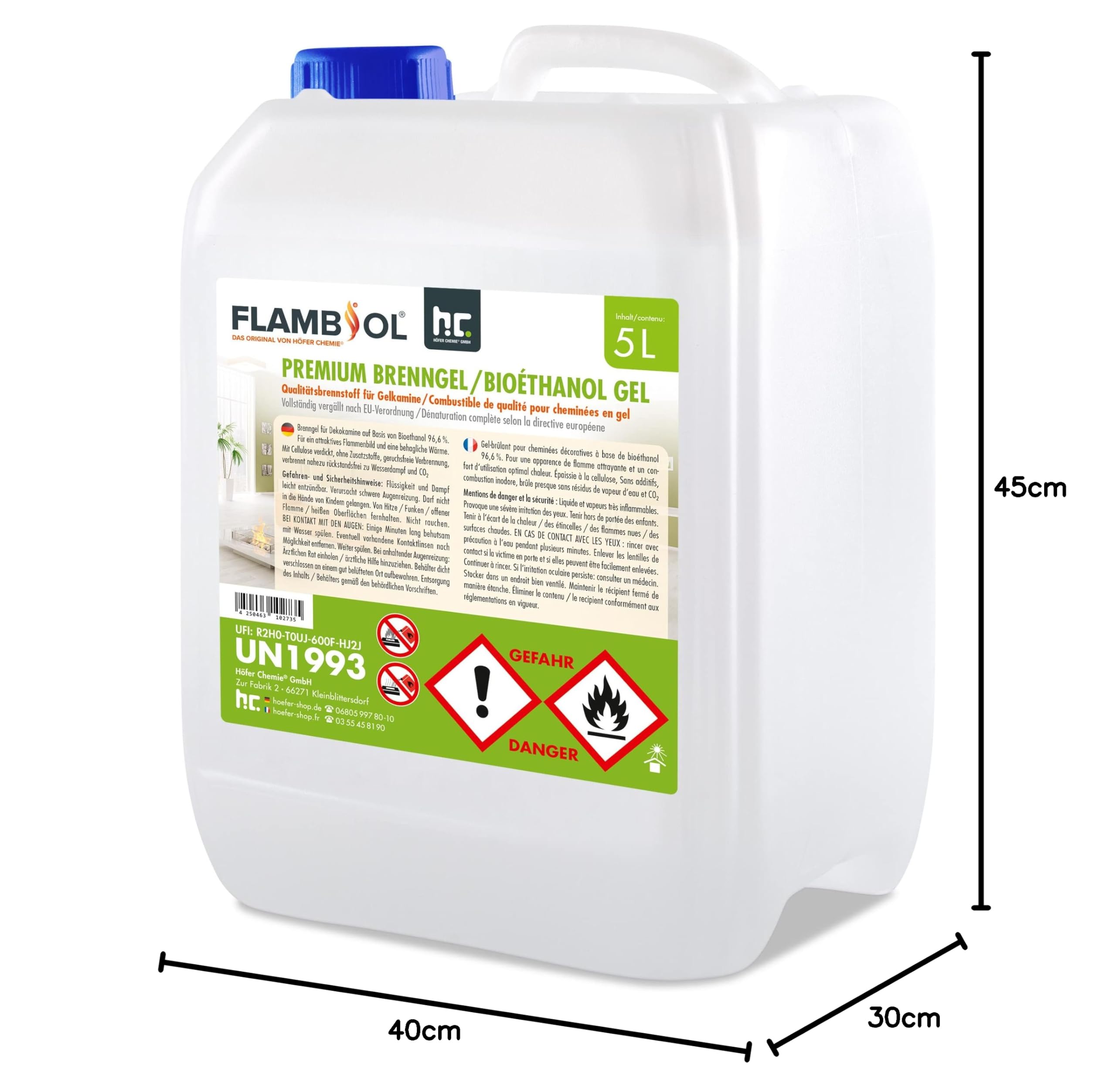Höfer Chemie 5 L FLAMBIOL® Premium Brenngel für Brenngel Dekofeuer, Lampe und Kamine - Dickflüssiges Gel