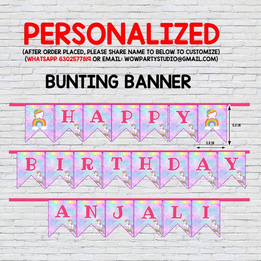 WoW Party Studio Personalized Unicorn Theme Party Happy Birthday Decorations Bunting Banner with Birthday Boy/Girl Name