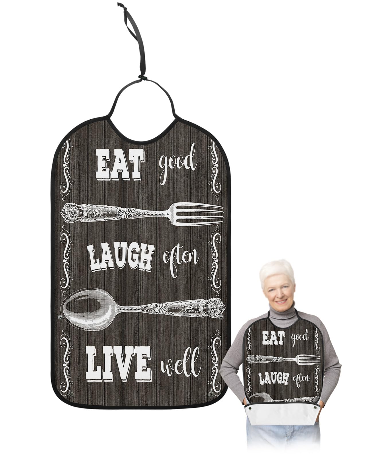 Vintage Fork and Spoon Adult Bibs for Eating, Waterproof Bibs with Food Catcher & Adjustable Snap Closure, Motto Eat Good Laugh Often Live Well Black Wood Clothing Protectors Adult Bibs for Elderly
